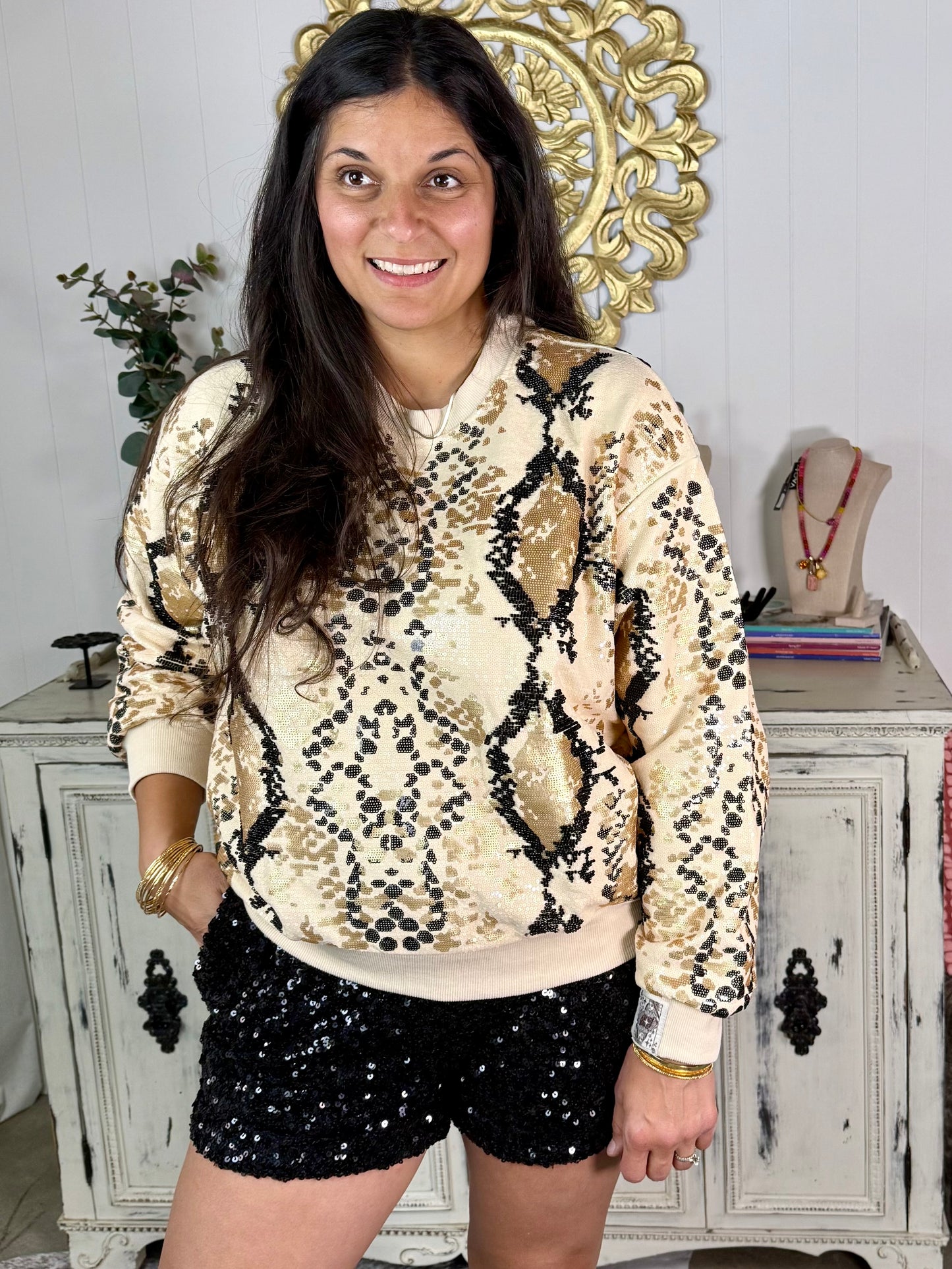 Queen of Sparkles Full Sequins Neutral and Black Python Sweatshirt