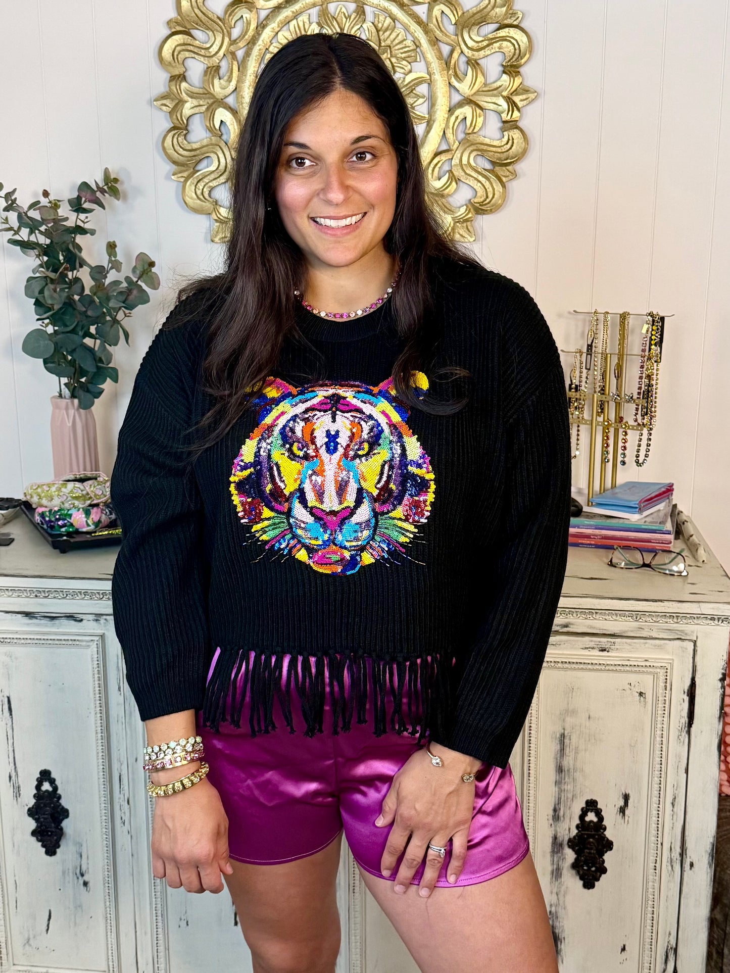 Queen of Sparkles Black Fringe Sweater with Rainbow Tiger