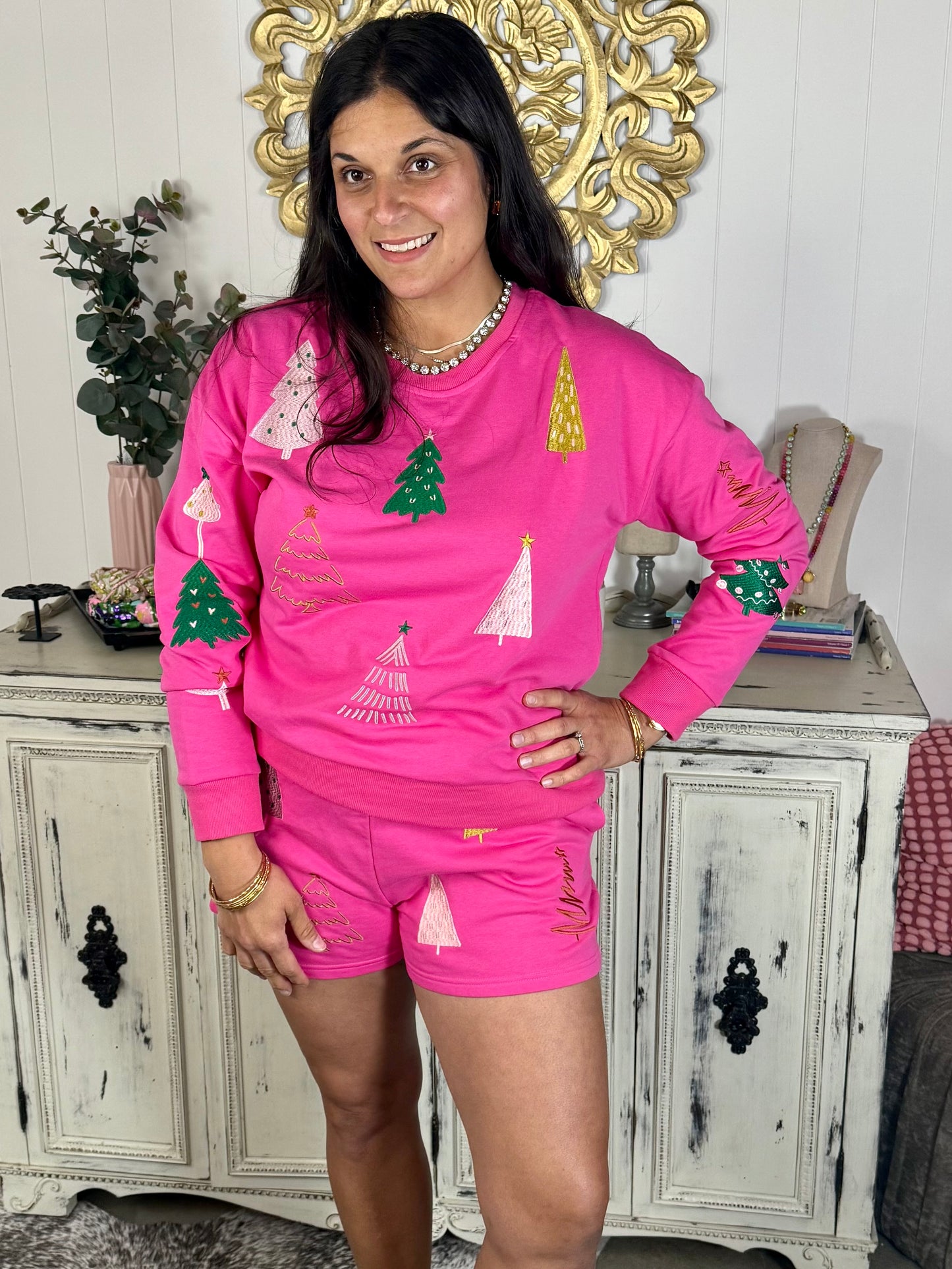 Embroidered Fuchsia Christmas Tree Sweatshirt