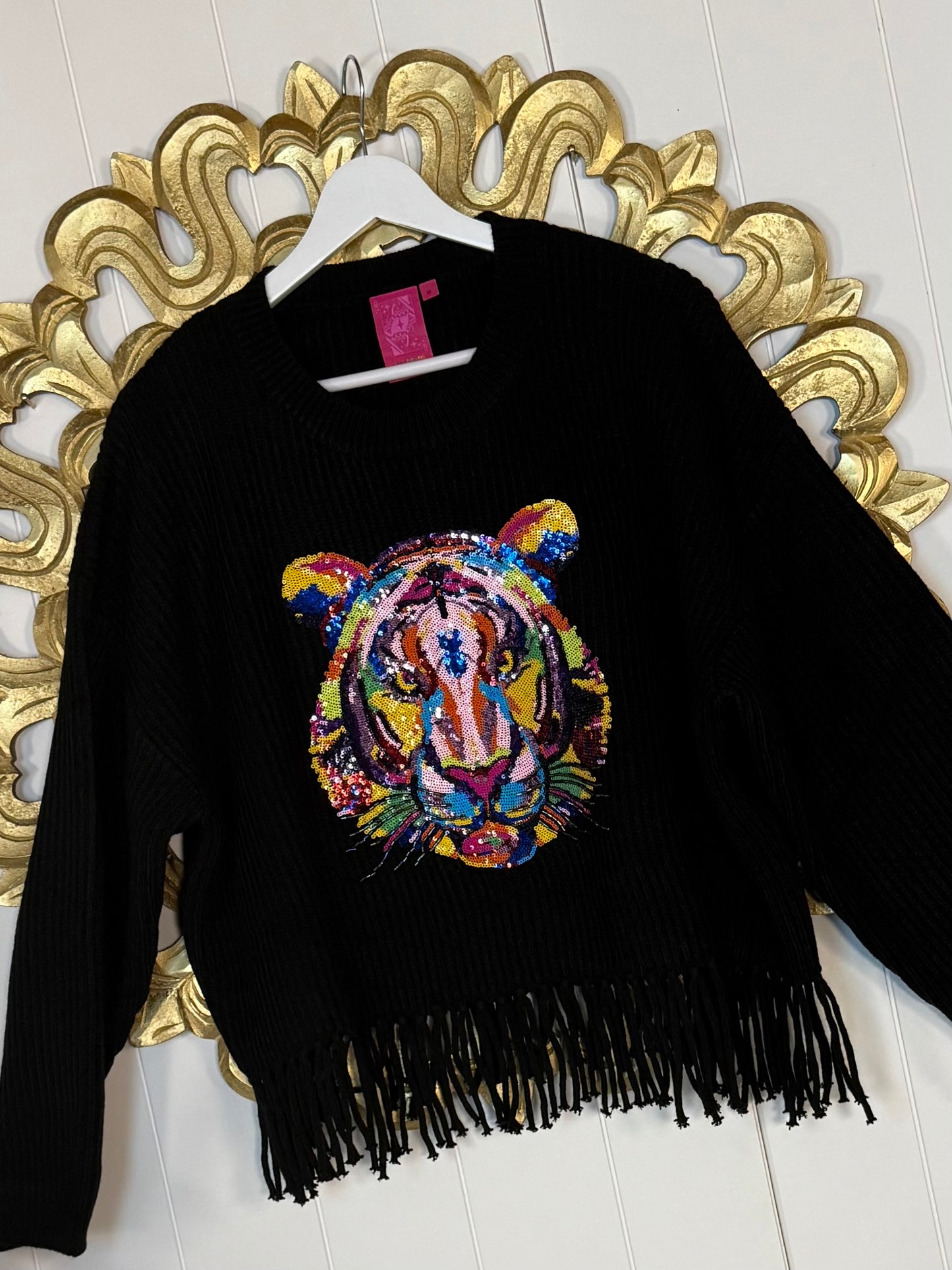 Queen of Sparkles Black Fringe Sweater with Rainbow Tiger