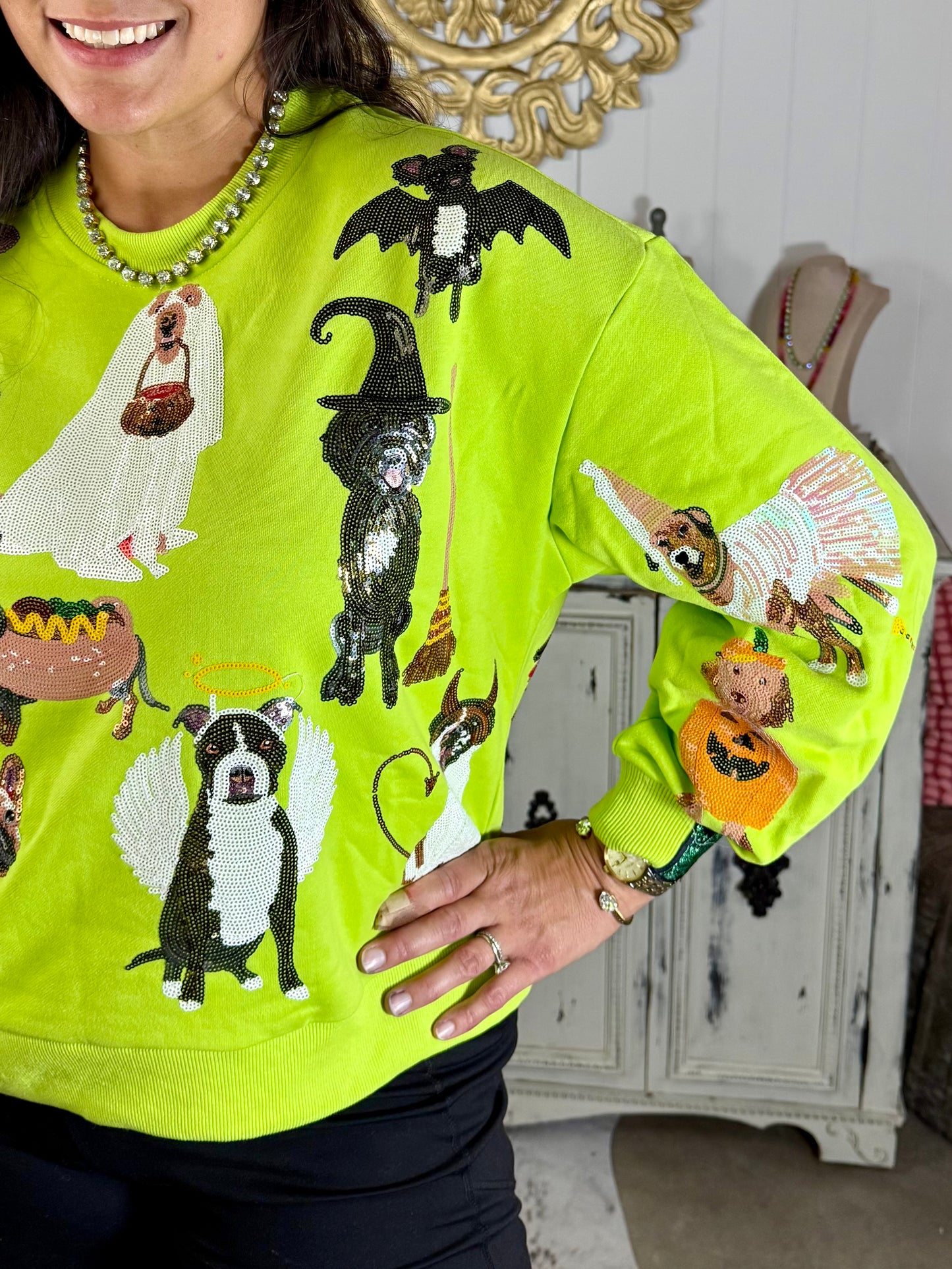 Queen of Sparkles Lime Green Halloween Dogs Sweatshirt