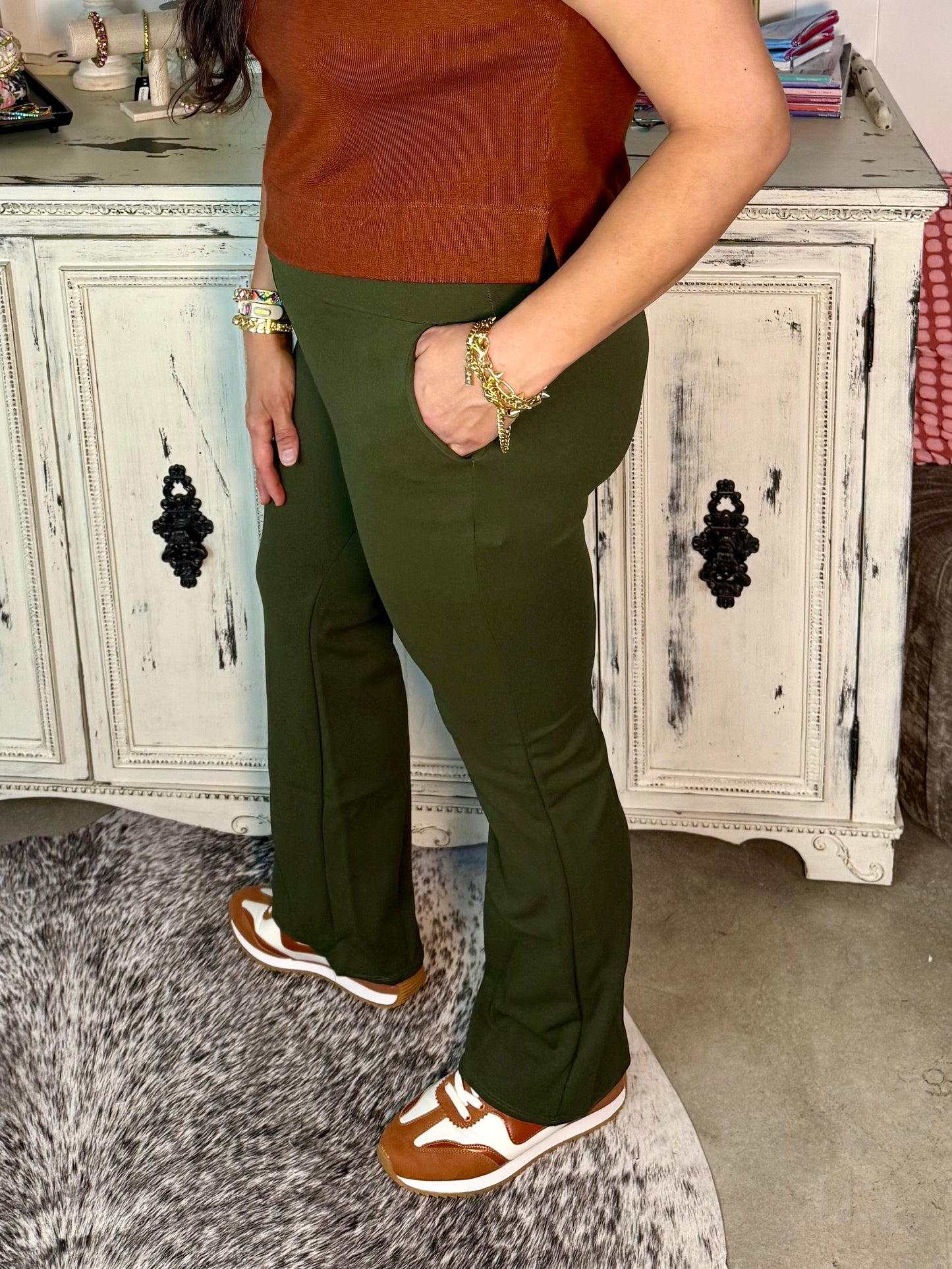 High Waisted Olive Stretch Flare Pants