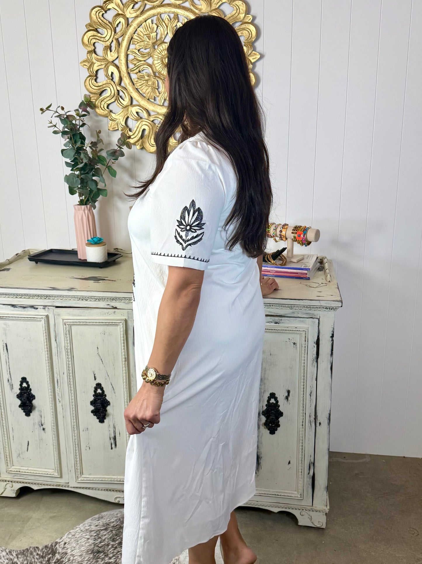 Off White Embroidered Midi Dress