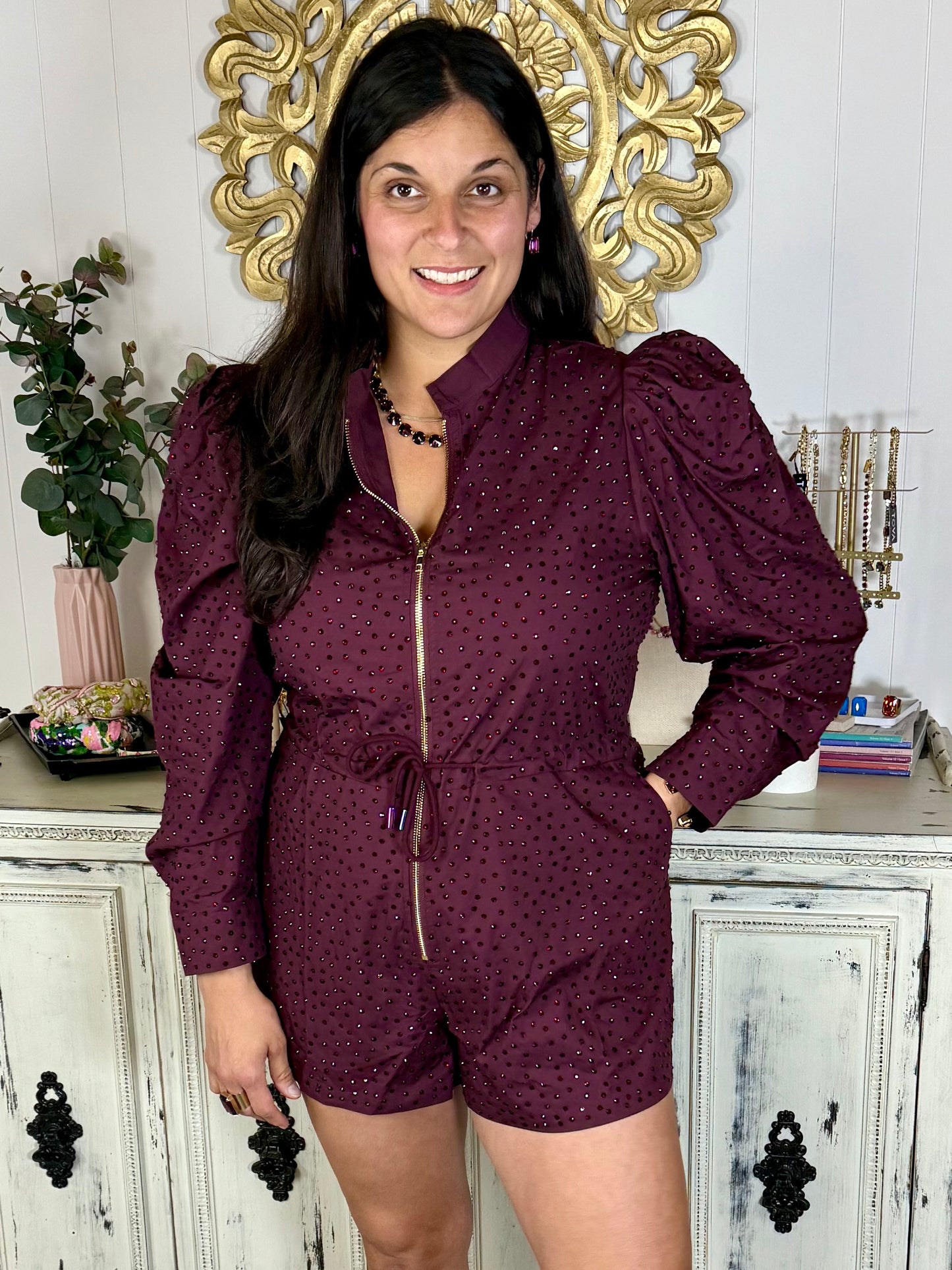 Queen of Sparkles Maroon Jeweled Long Sleeve Romper
