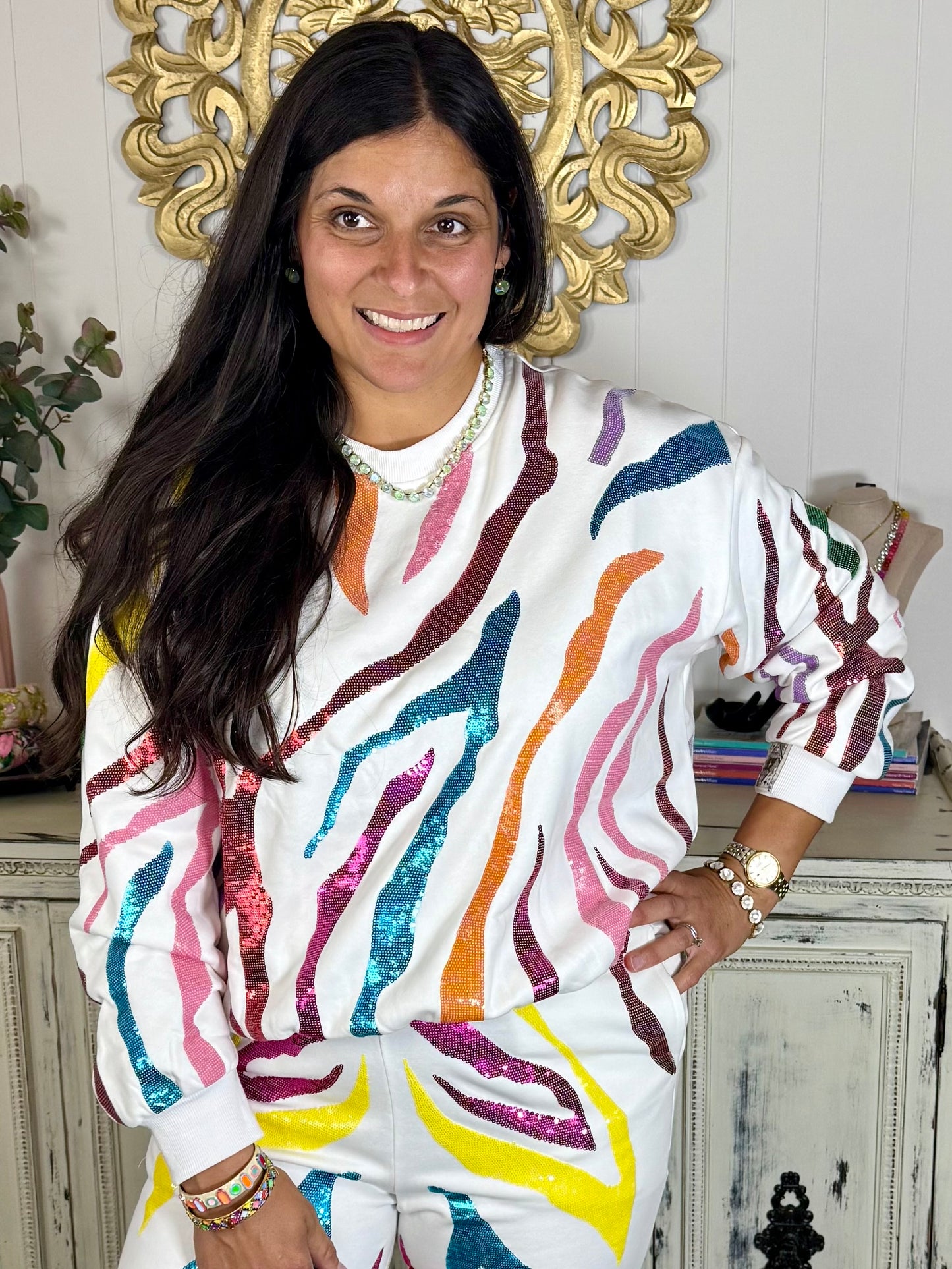 Queen of Sparkles White and Rainbow Tiger Stripe Sweatshirt