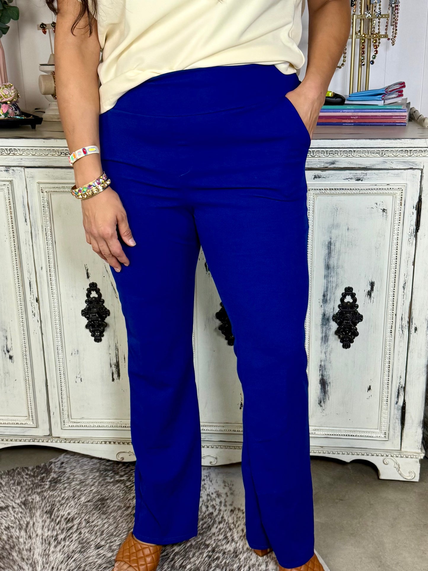 High Waisted Cobalt Blue Stretch Flare Pants