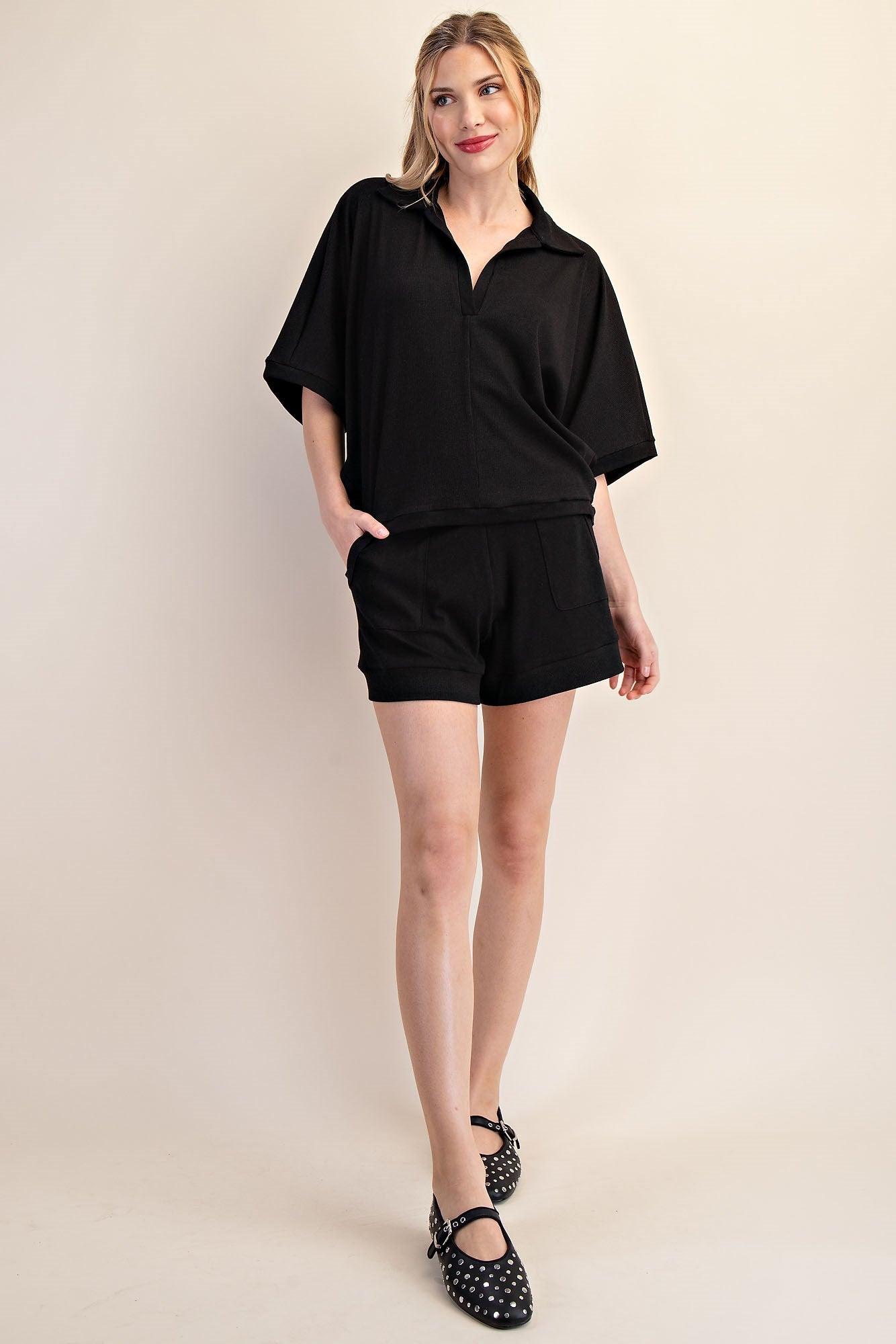 Black V-Neckline Dropped Shoulder Knit Top