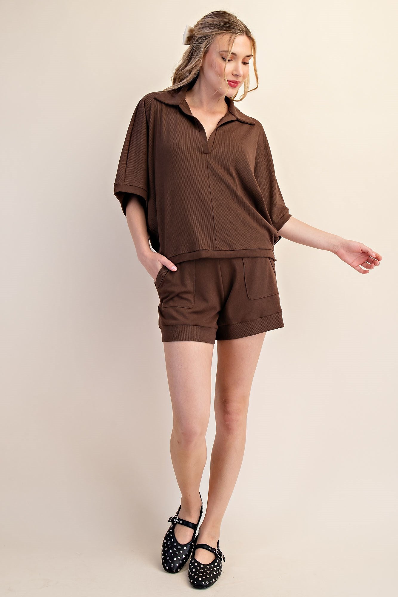 Mocha V-Neckline Dropped Shoulder Knit Top