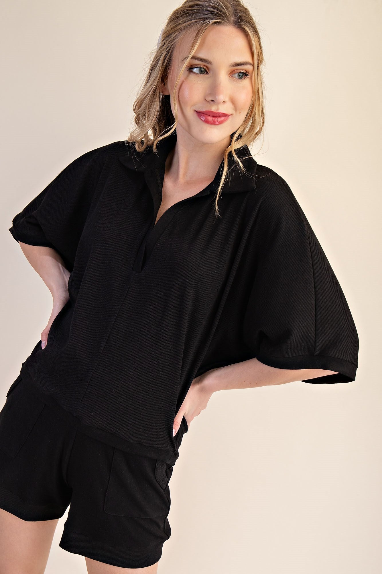 Black V-Neckline Dropped Shoulder Knit Top