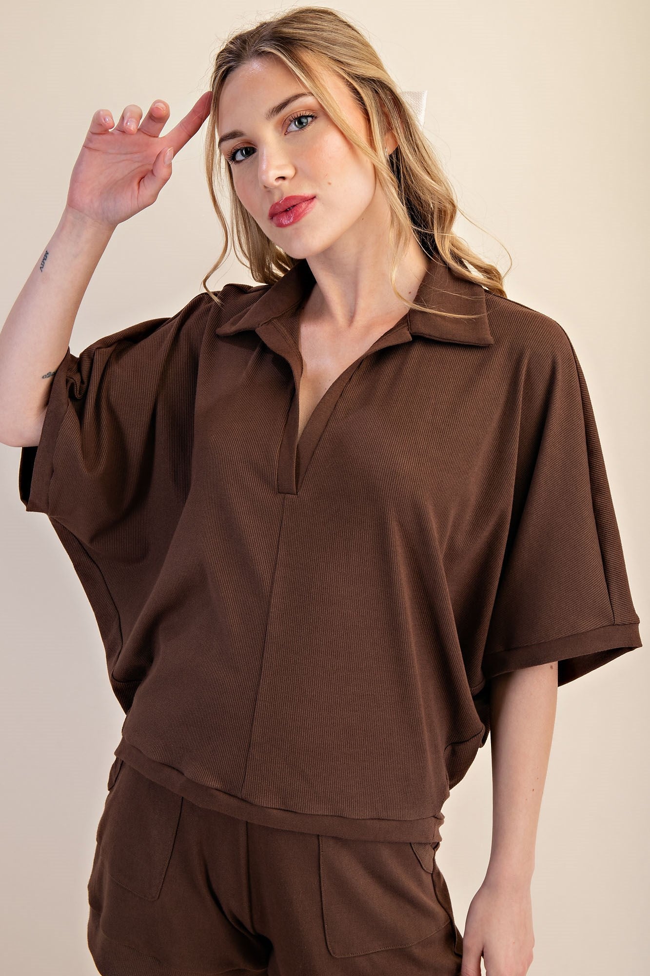 Mocha V-Neckline Dropped Shoulder Knit Top