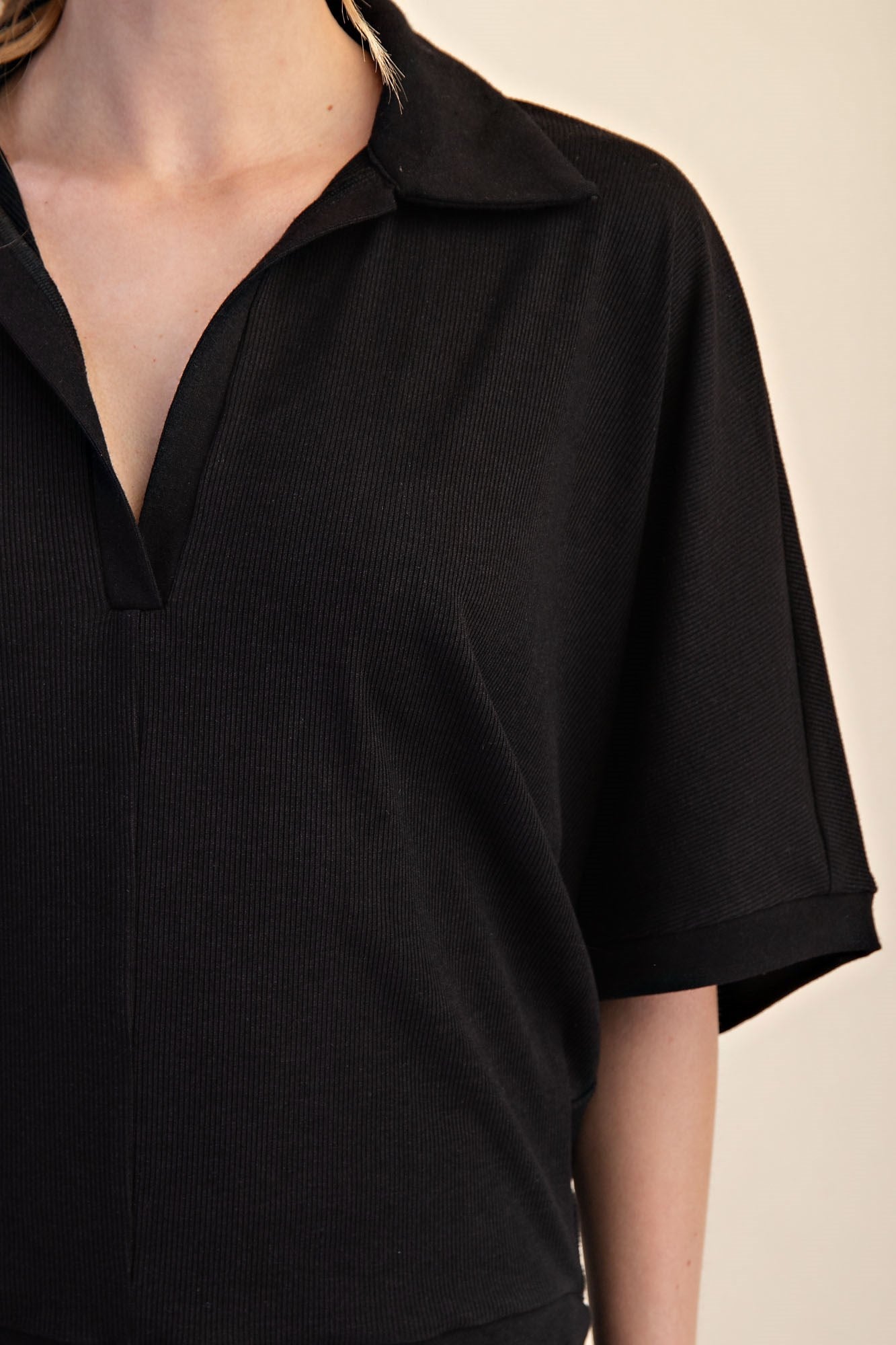 Black V-Neckline Dropped Shoulder Knit Top