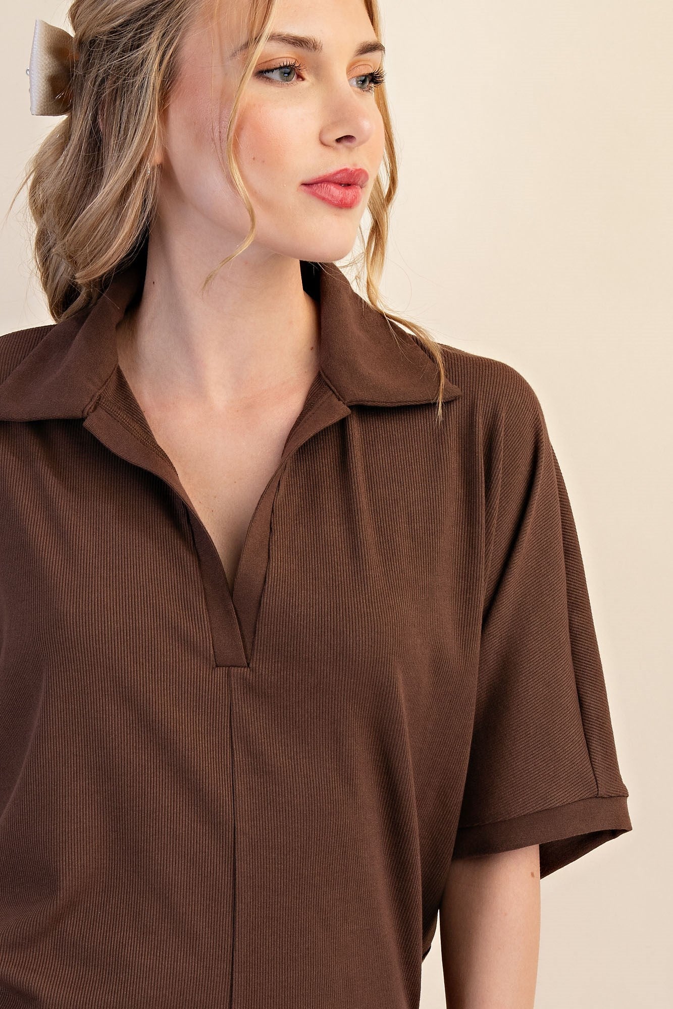 Mocha V-Neckline Dropped Shoulder Knit Top
