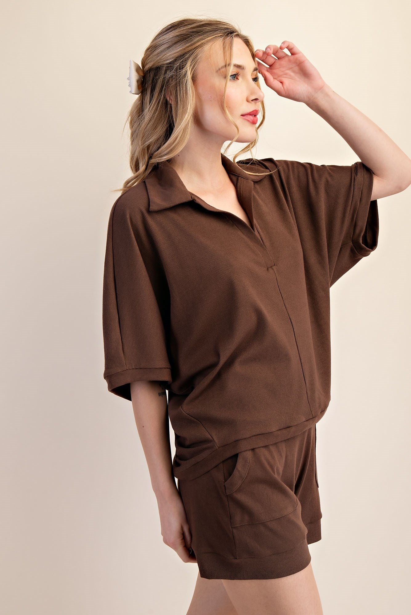 Mocha V-Neckline Dropped Shoulder Knit Top