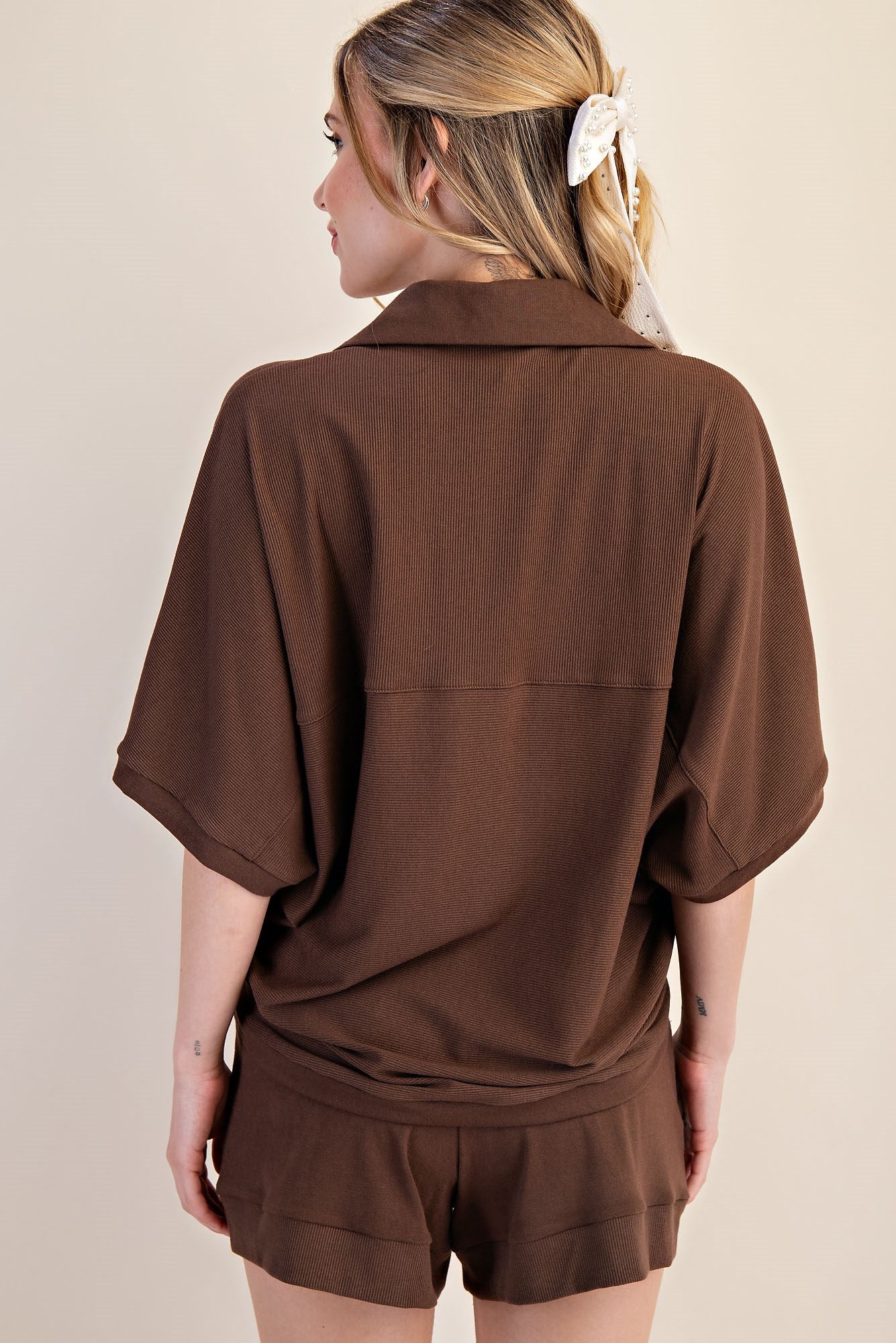 Mocha V-Neckline Dropped Shoulder Knit Top
