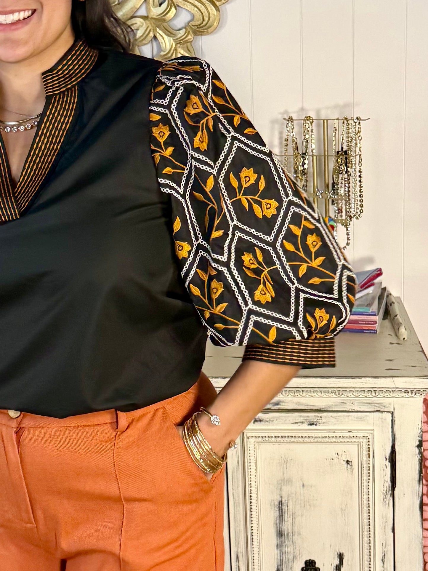 Black Embroidered Floral Pattern Top