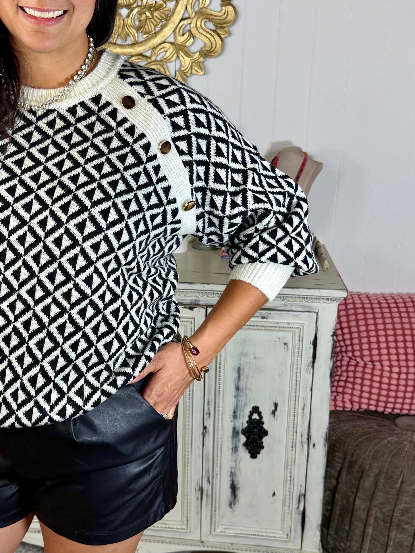 Black Button Detail Geo Pattern Sweater