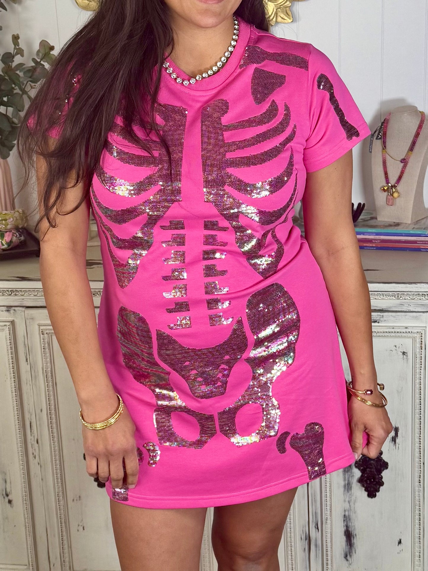 Queen of Sparkles Hot Pink Multi Skeleton Dress