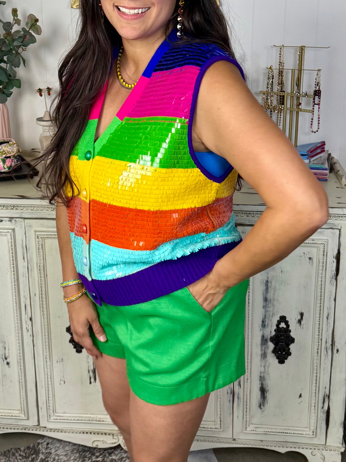 Queen of Sparkles Full Sequin Rainbow Stripe Sweater Vest