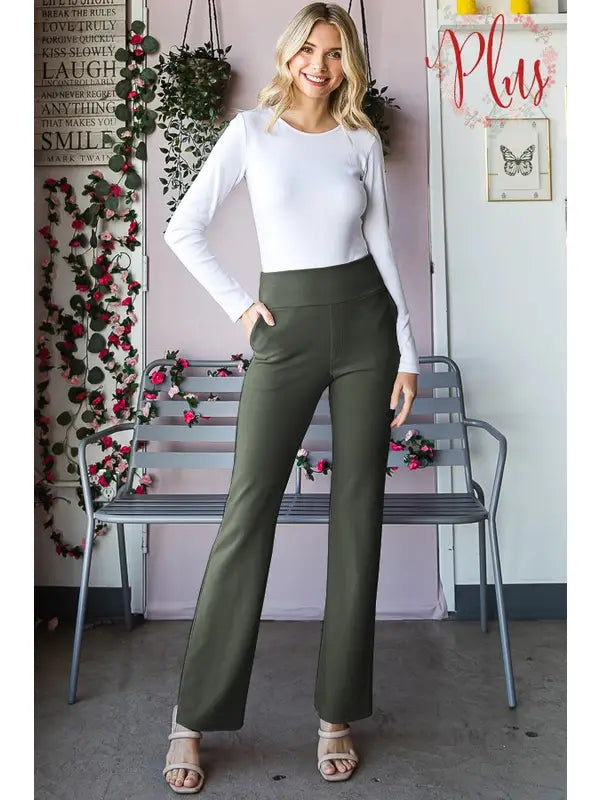 High Waisted Olive Stretch Flare Pants