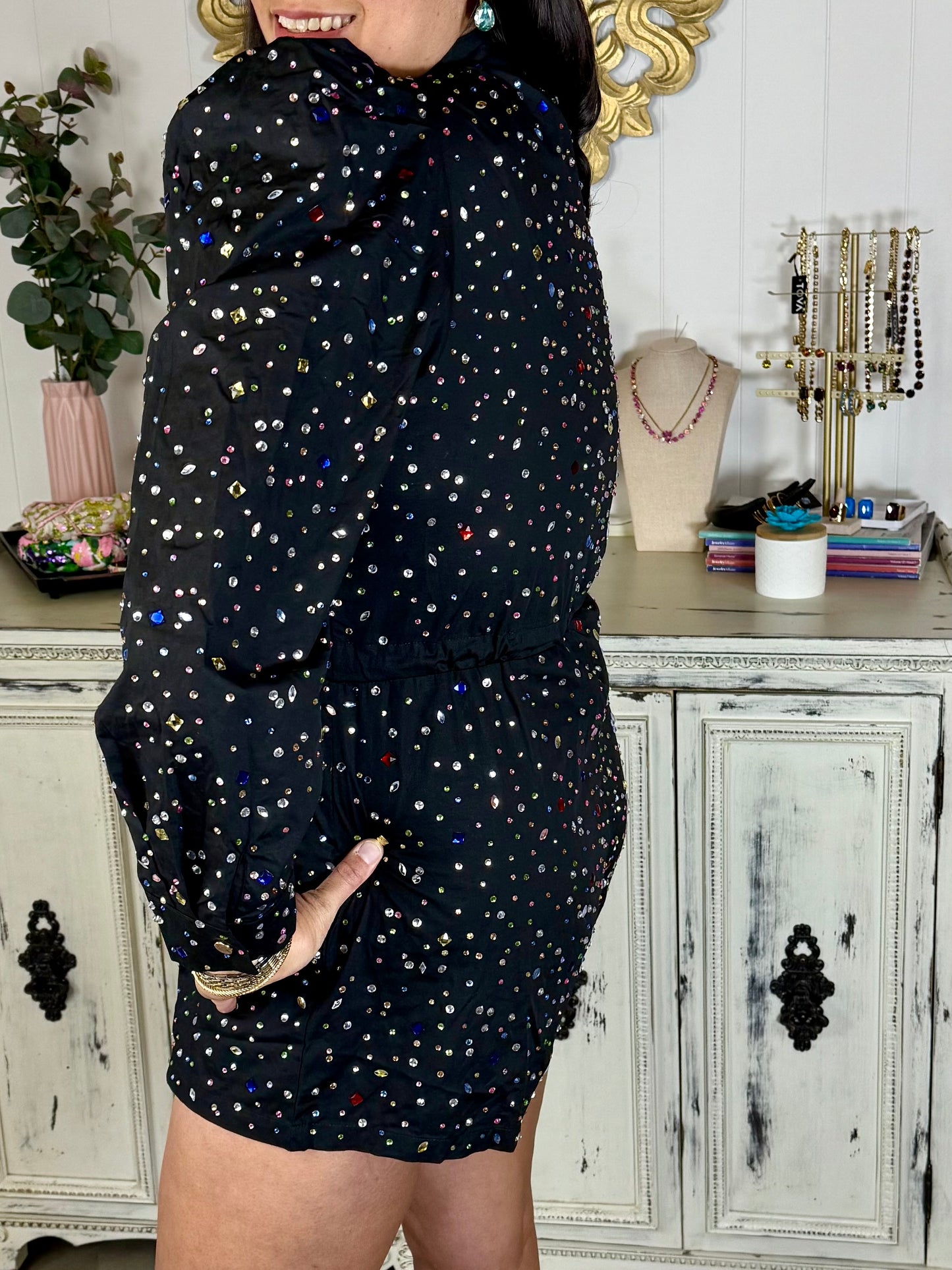 Queen of Sparkles Black Multi Scattered Rhinestone Romper