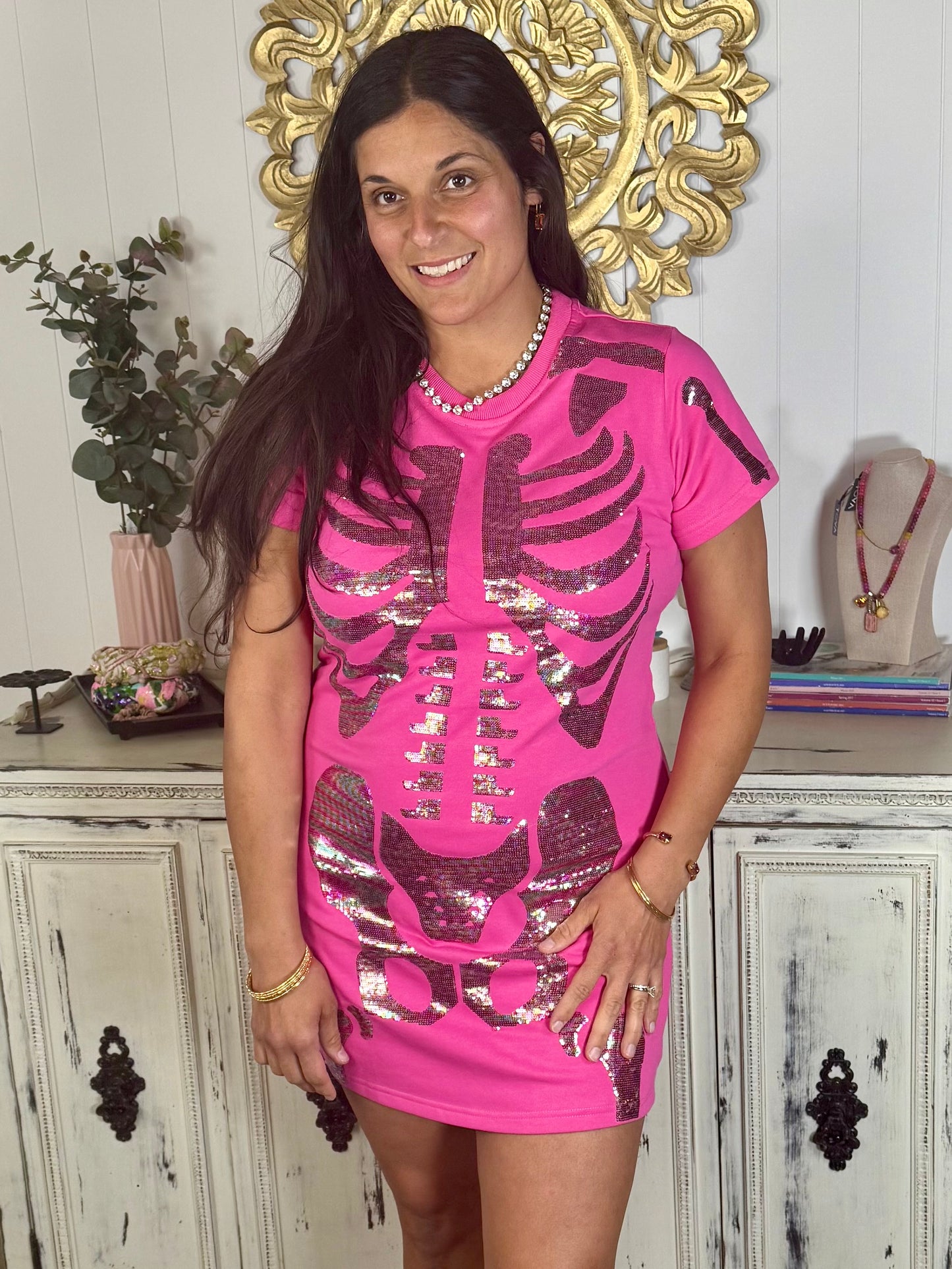 Queen of Sparkles Hot Pink Multi Skeleton Dress