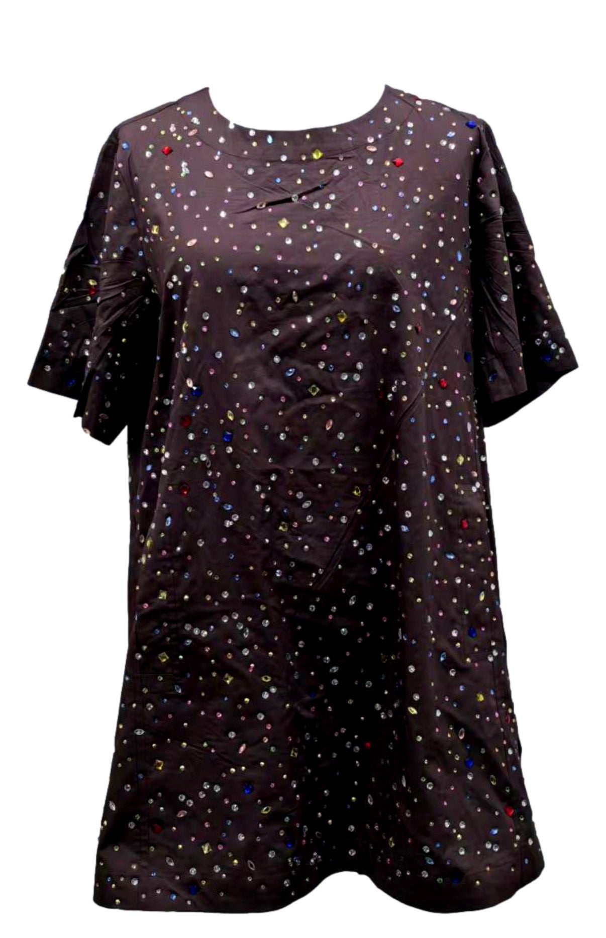 Queen of Sparkles Brown Multi Rhinestone Cotton Short Sleeve Dress