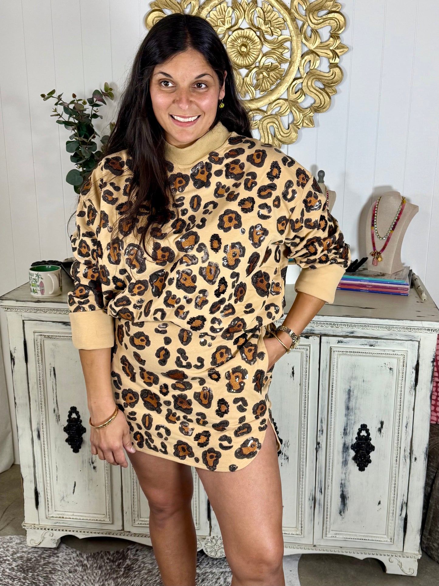 Queen of Sparkles Tan Brown and Black Leopard Dress