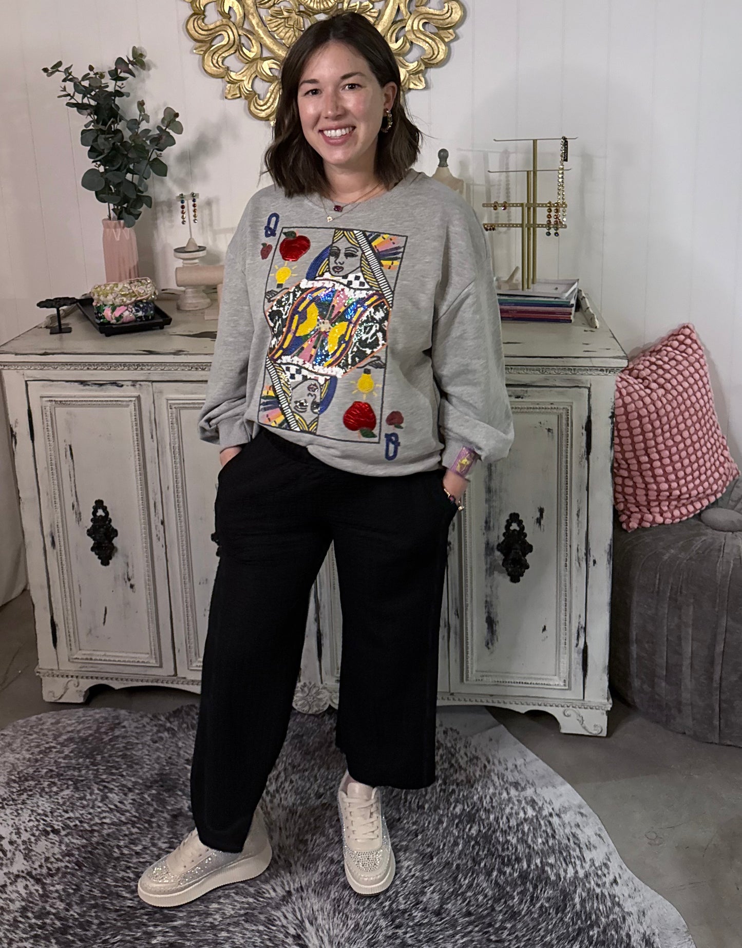 Queen of Sparkles Grey Teacher Queen Card Sweatshirt
