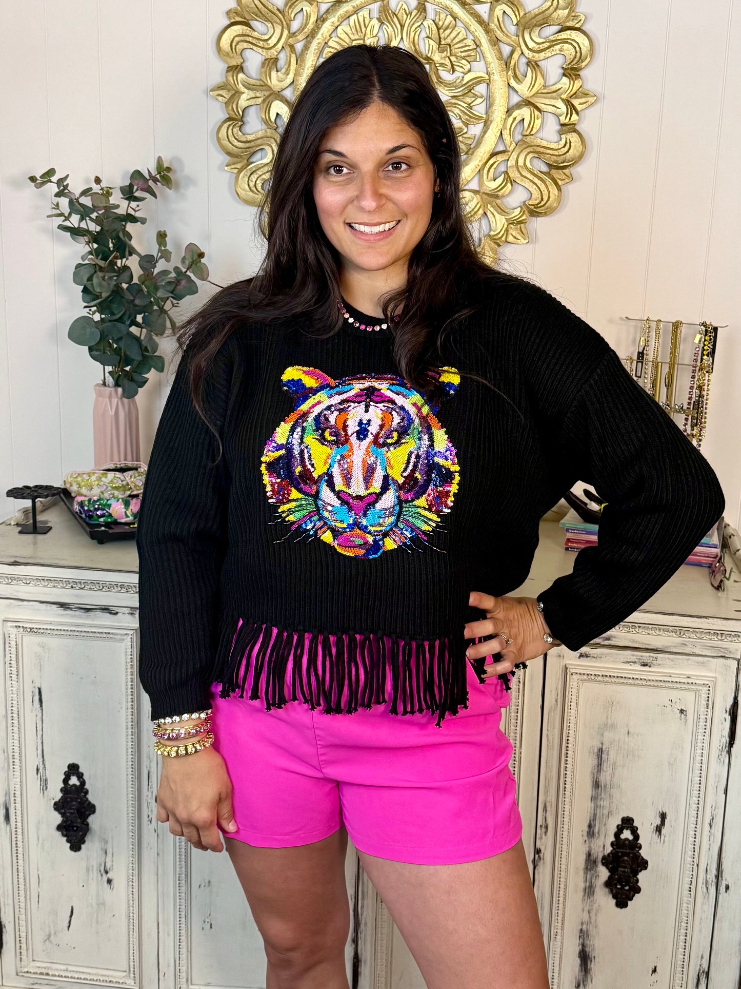 Queen of Sparkles Black Fringe Sweater with Rainbow Tiger