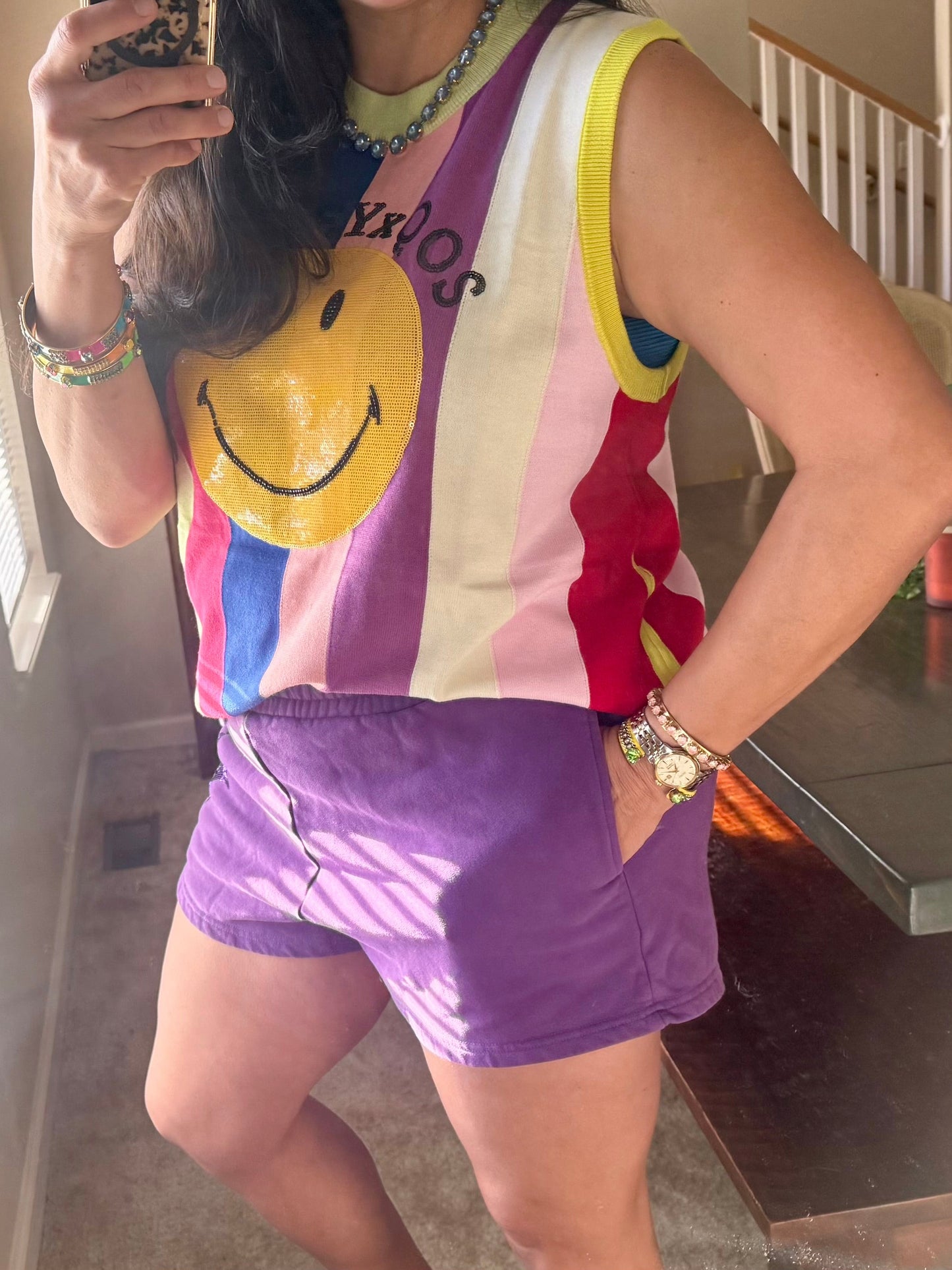 Queen of Sparkles Licensed Rainbow Striped Qos Smiley Sweater Tank