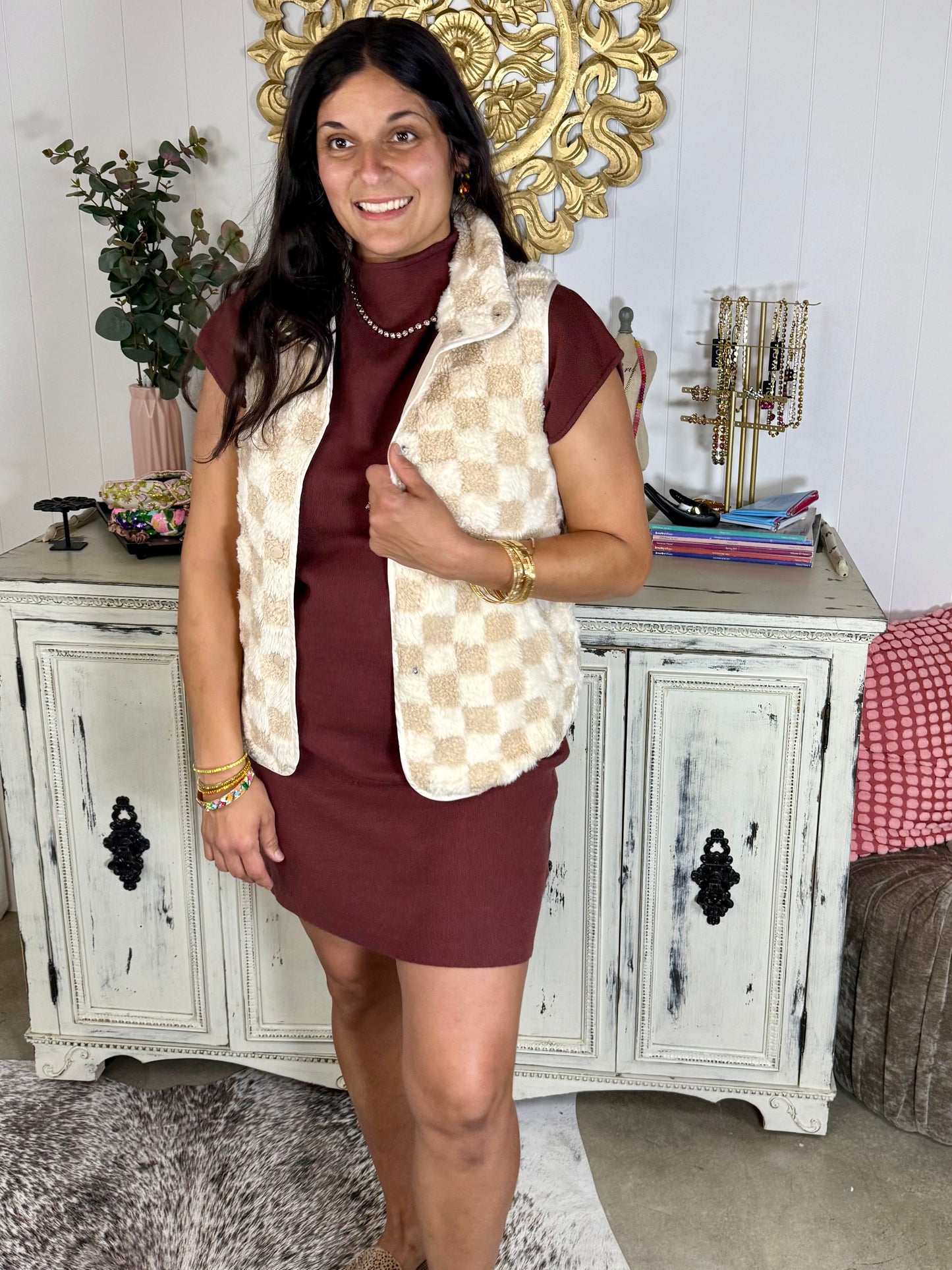Khaki Checkered Sherpa Snap Vest