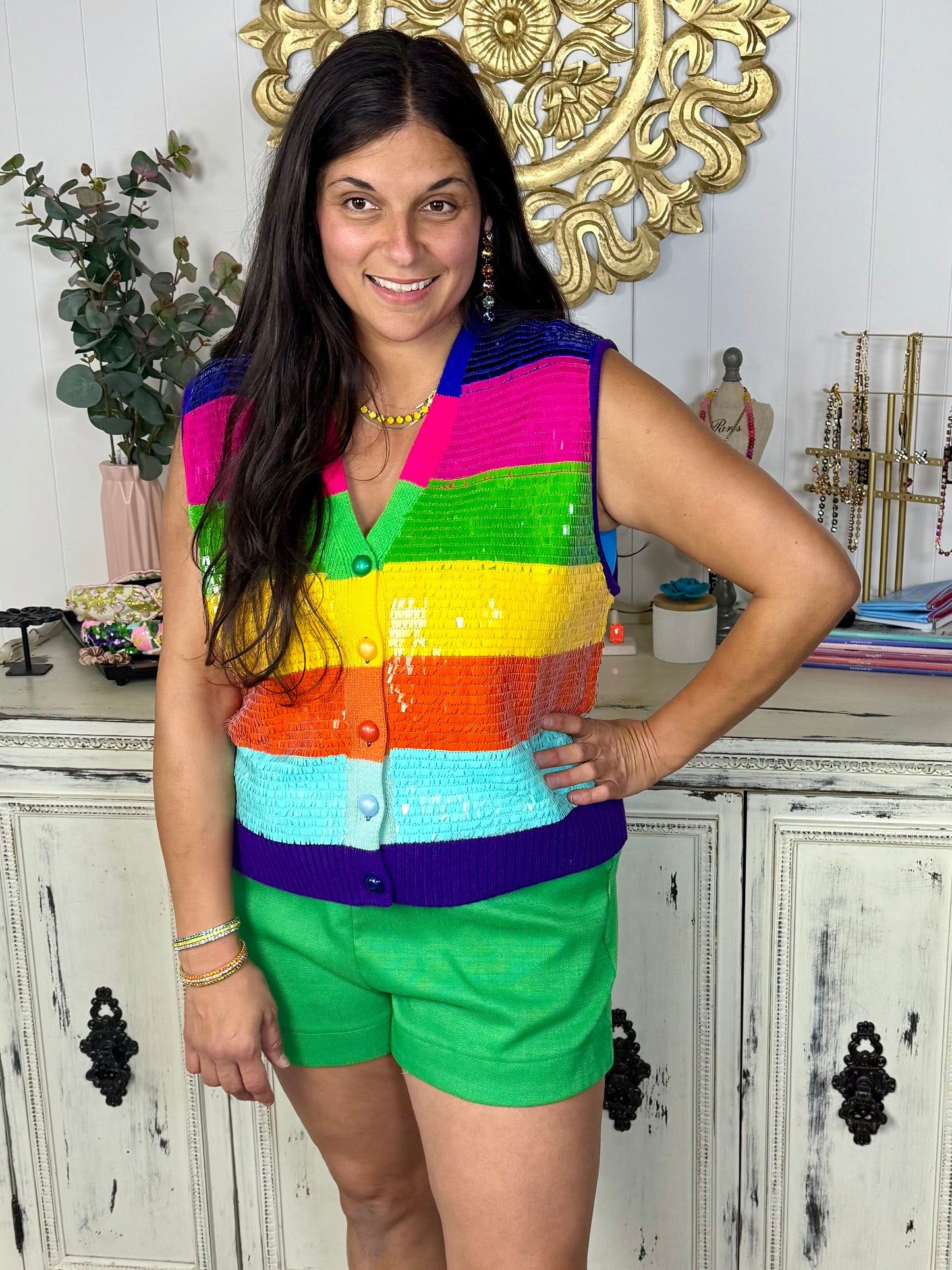 Queen of Sparkles Full Sequin Rainbow Stripe Sweater Vest