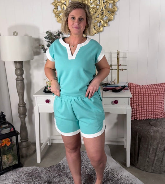 Jade and White Trim Contrast Pique Shorts