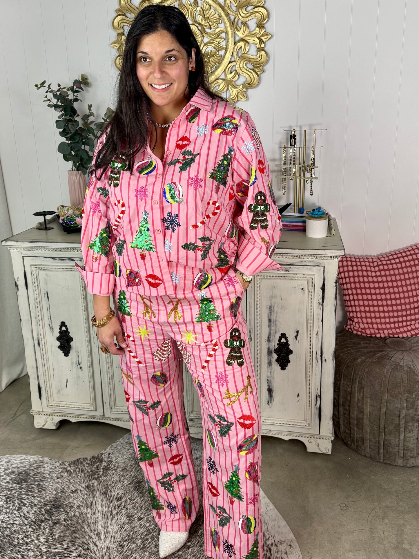 Queen of Sparkles Pink & Red Stripe Christmas Icon Pants