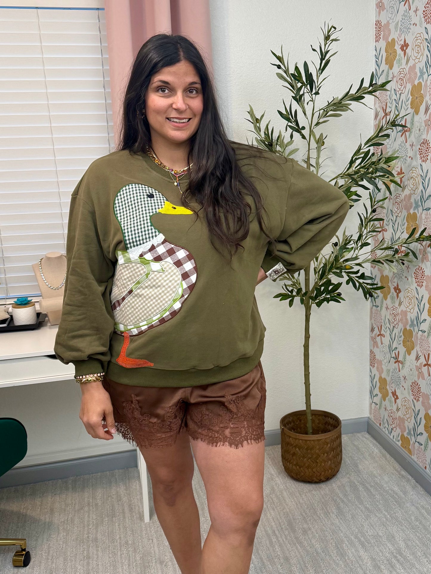 Queen of Sparkles Hunter Green Plaid Duck Sweatshirt