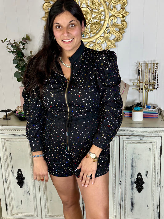 Queen of Sparkles Black Multi Scattered Rhinestone Romper