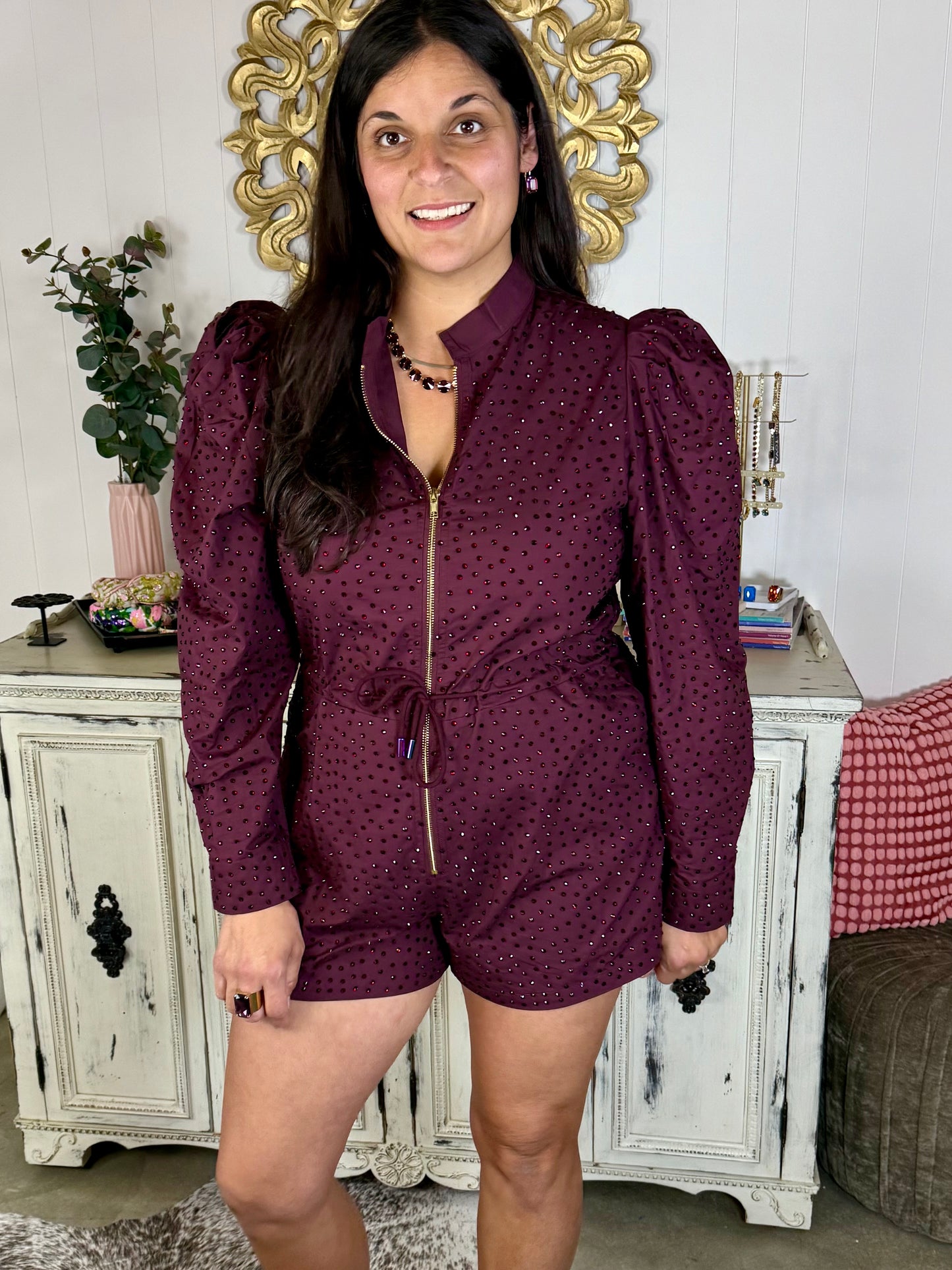 Queen of Sparkles Maroon Jeweled Long Sleeve Romper