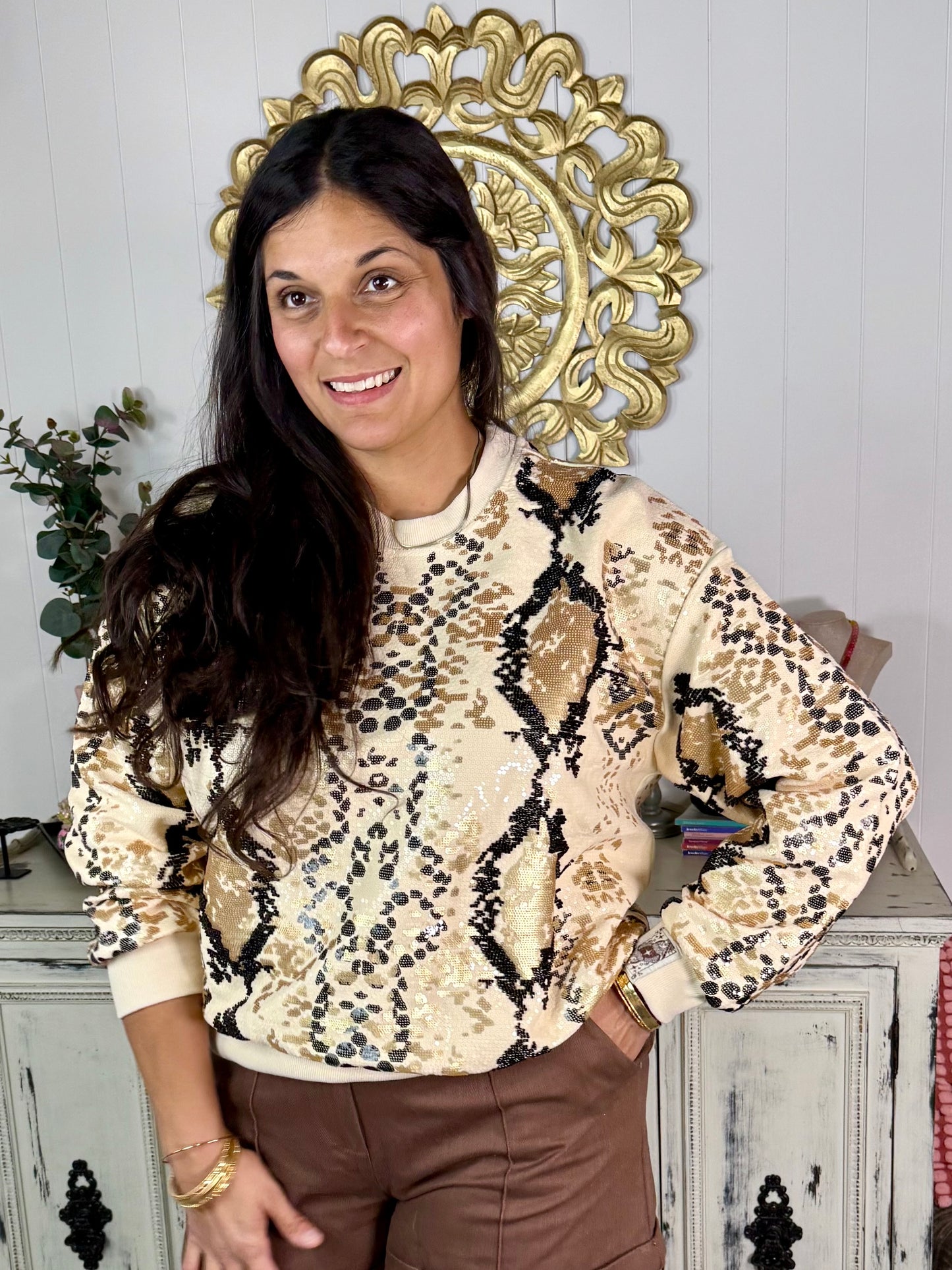 Queen of Sparkles Full Sequins Neutral and Black Python Sweatshirt