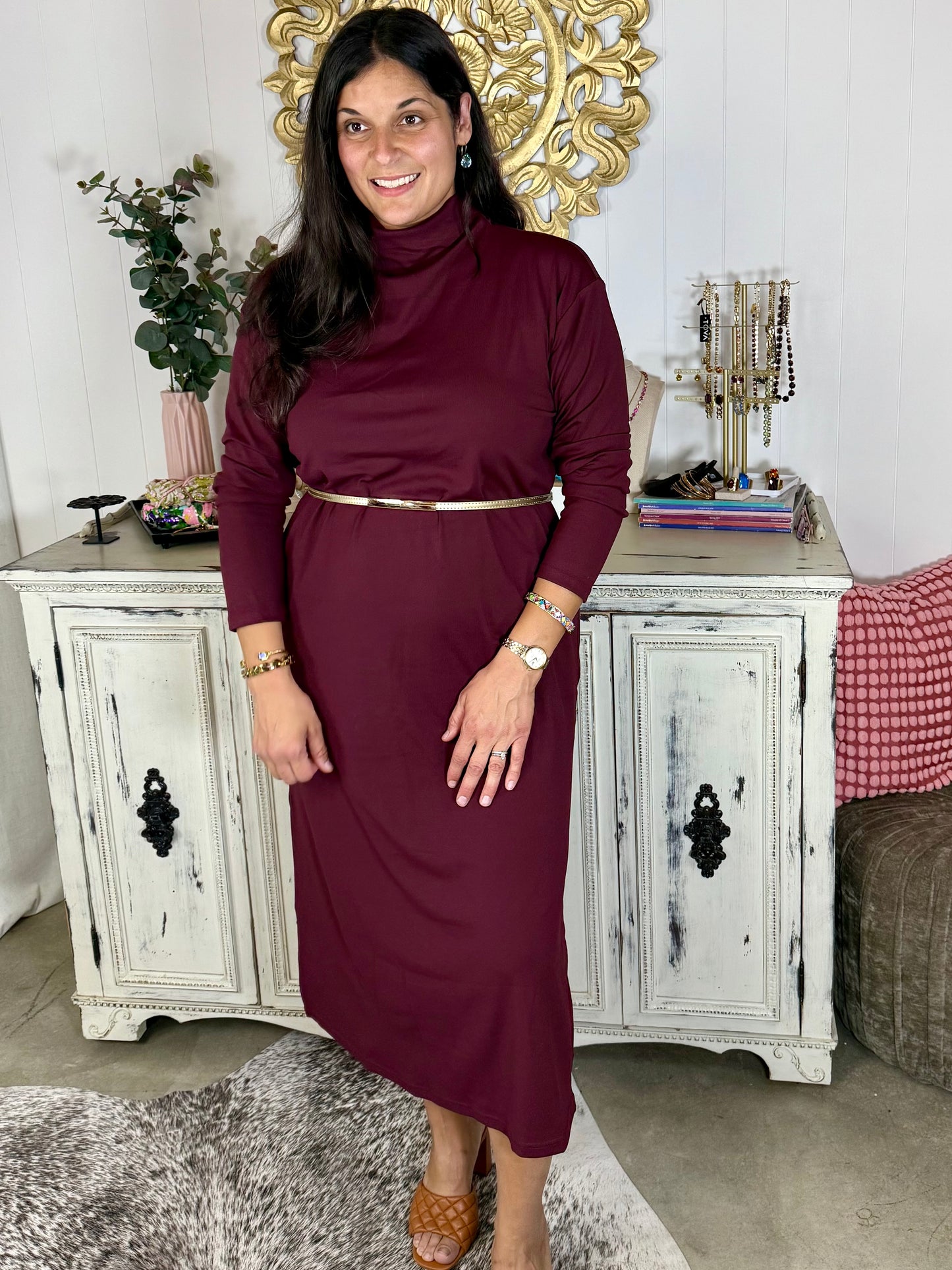 Merlot Long Sleeve Midi Dress