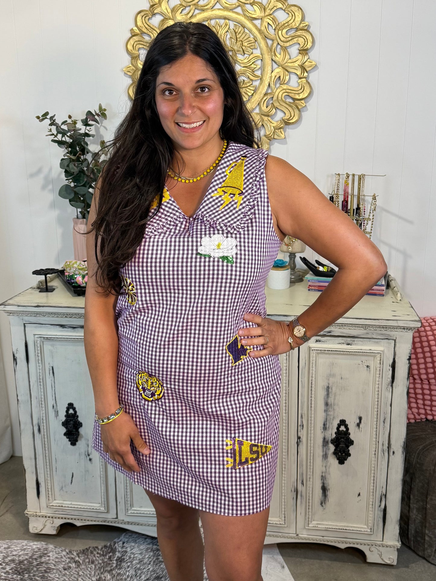 Licensed Queen of Sparkles LSU Mini Icon Gingham Dress