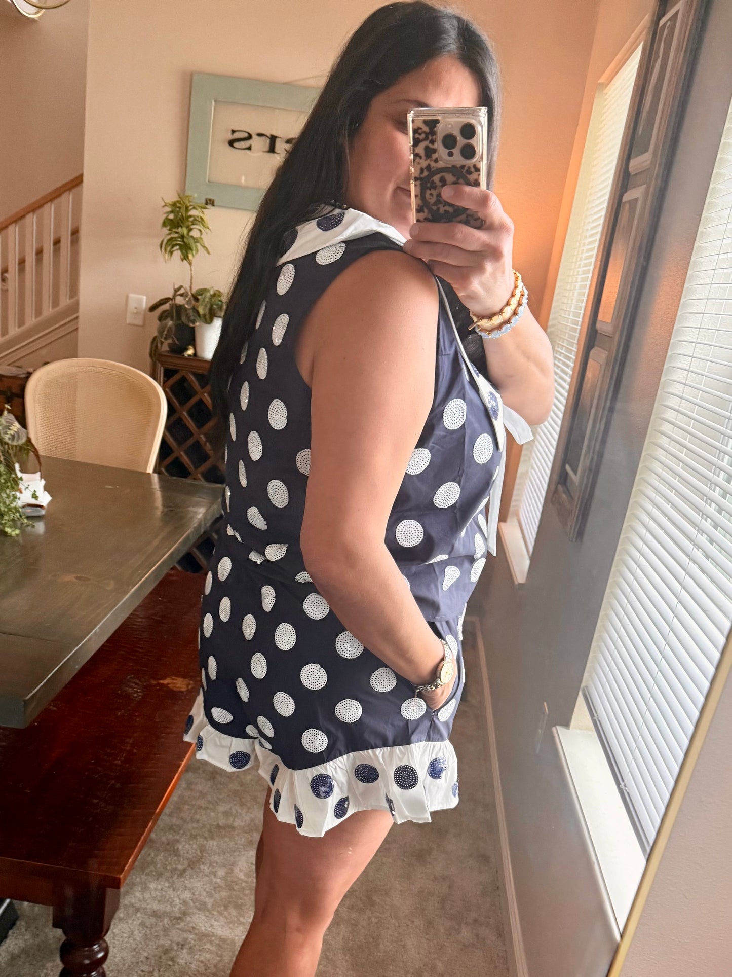 Queen of Sparkles Navy & White Polka Dot Ruffle Short