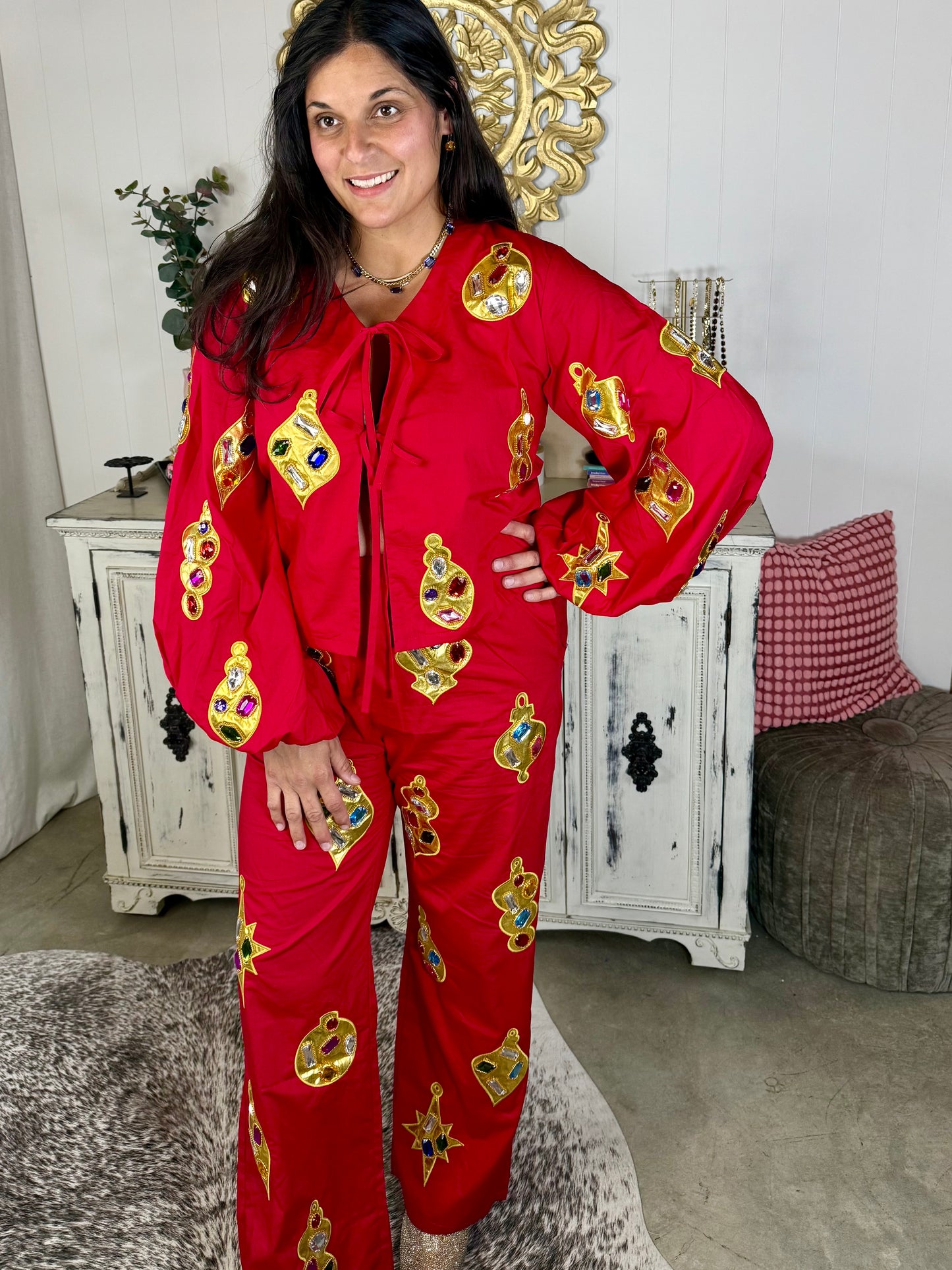 Queen of Sparkles Red & Gold Jeweled Ornament Pant