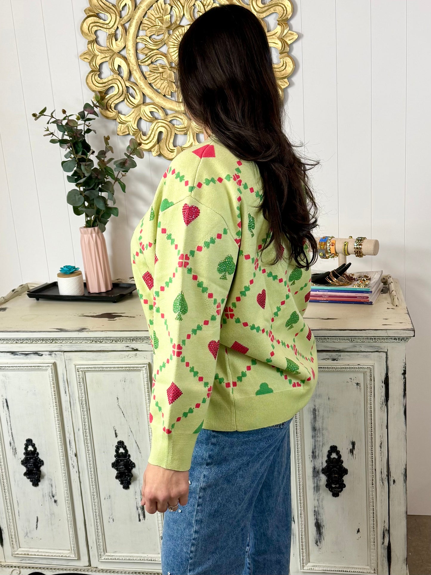 Queen of Sparkles Light Green QOS Logo & Suits Sweater