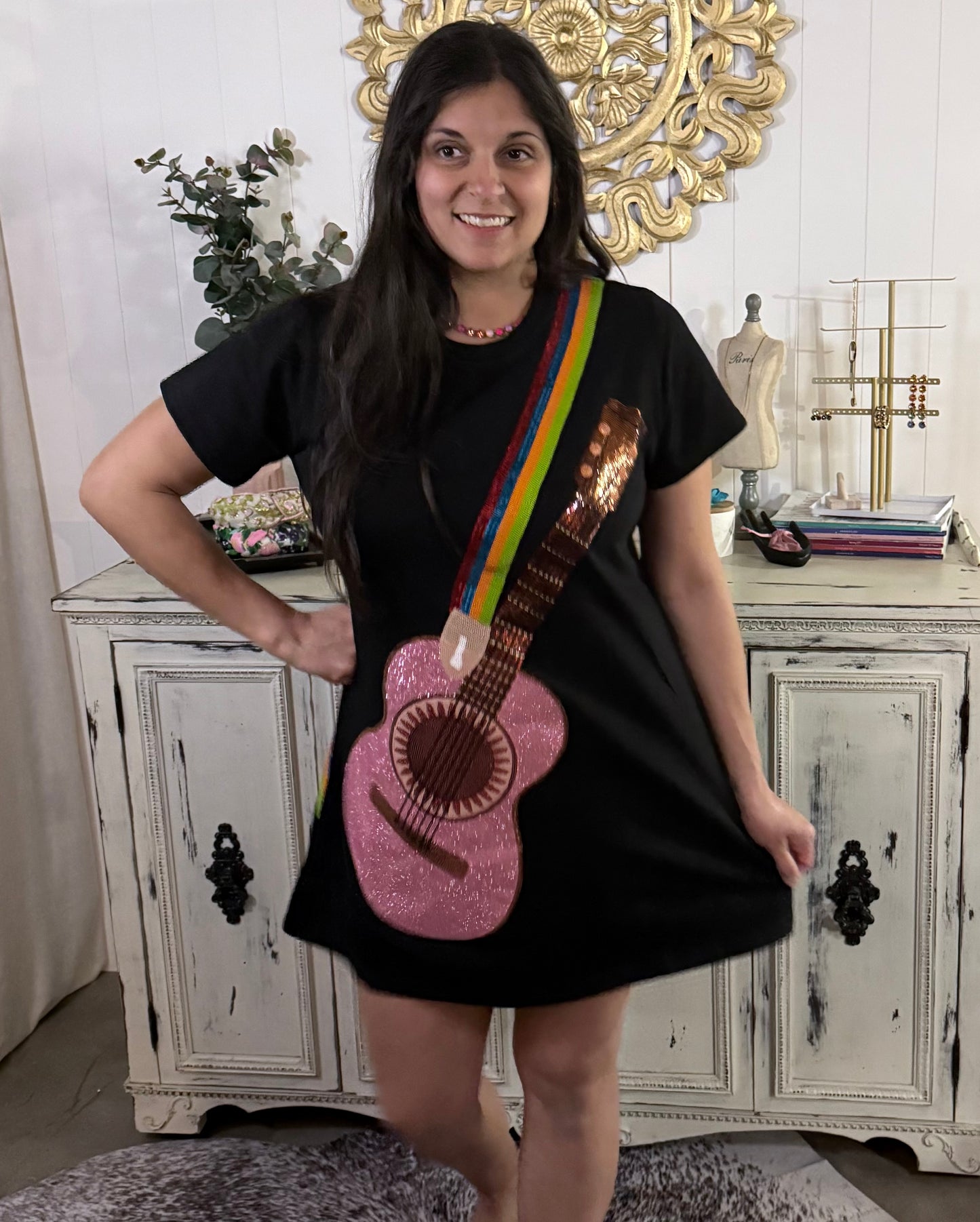 Queen of Sparkles Black Guitar Strap Tee Dress