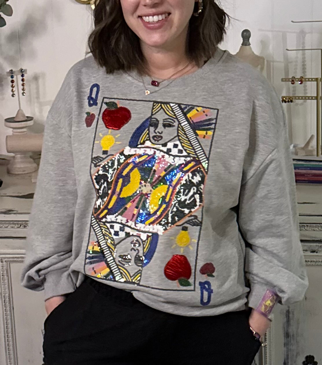Queen of Sparkles Grey Teacher Queen Card Sweatshirt