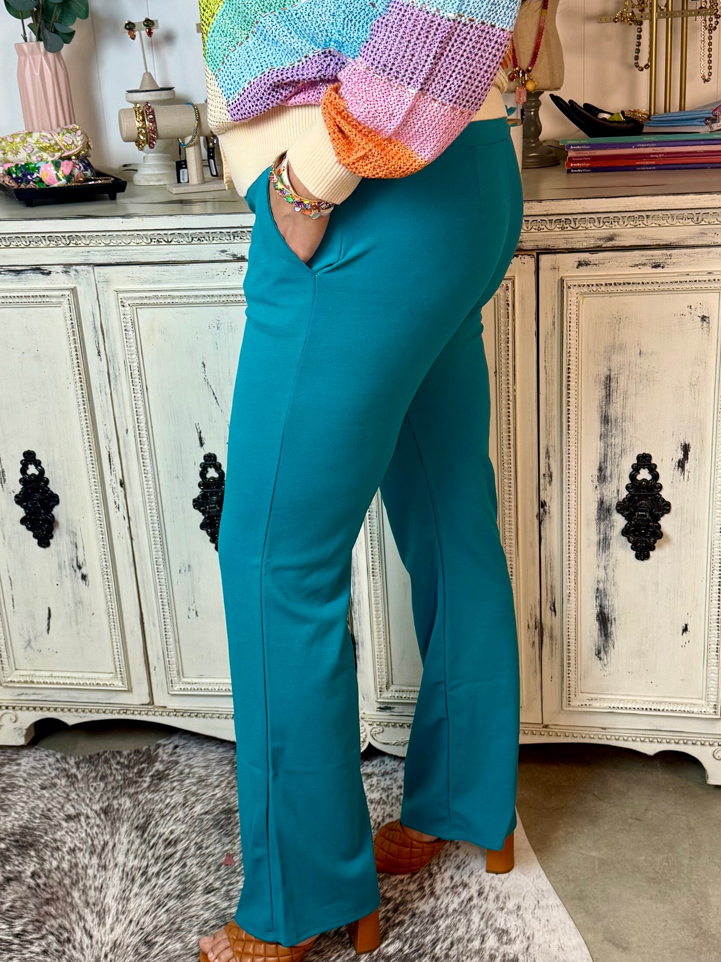 High Waisted Jade Stretch Flare Pants