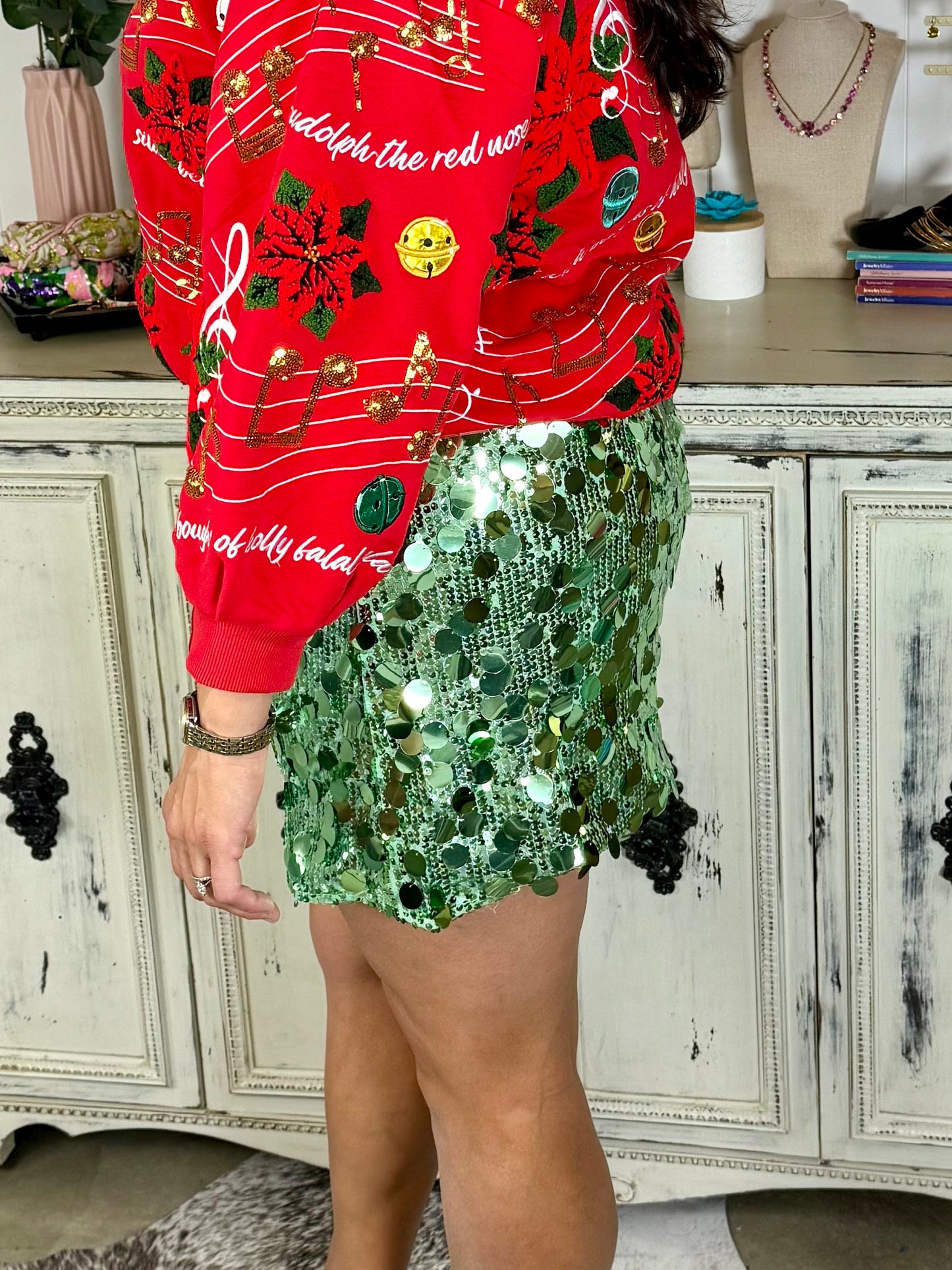 Green High Waisted Sequin Skirt
