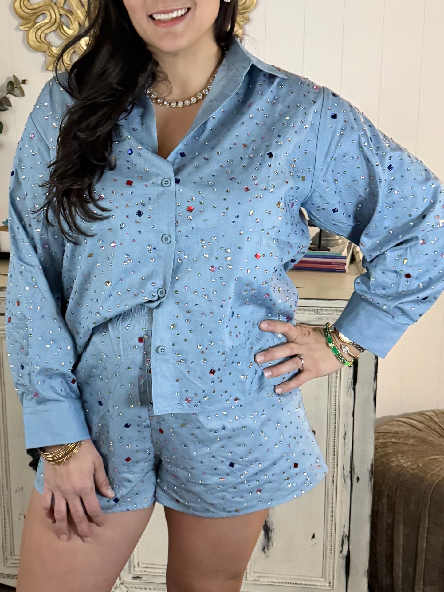 Queen of Sparkles Chambray Gemstone Button Up Top