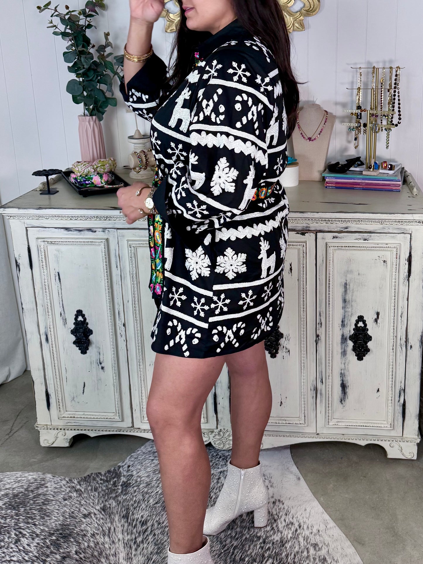Queen of Sparkles Nordic Reindeer & Snowflake Dress