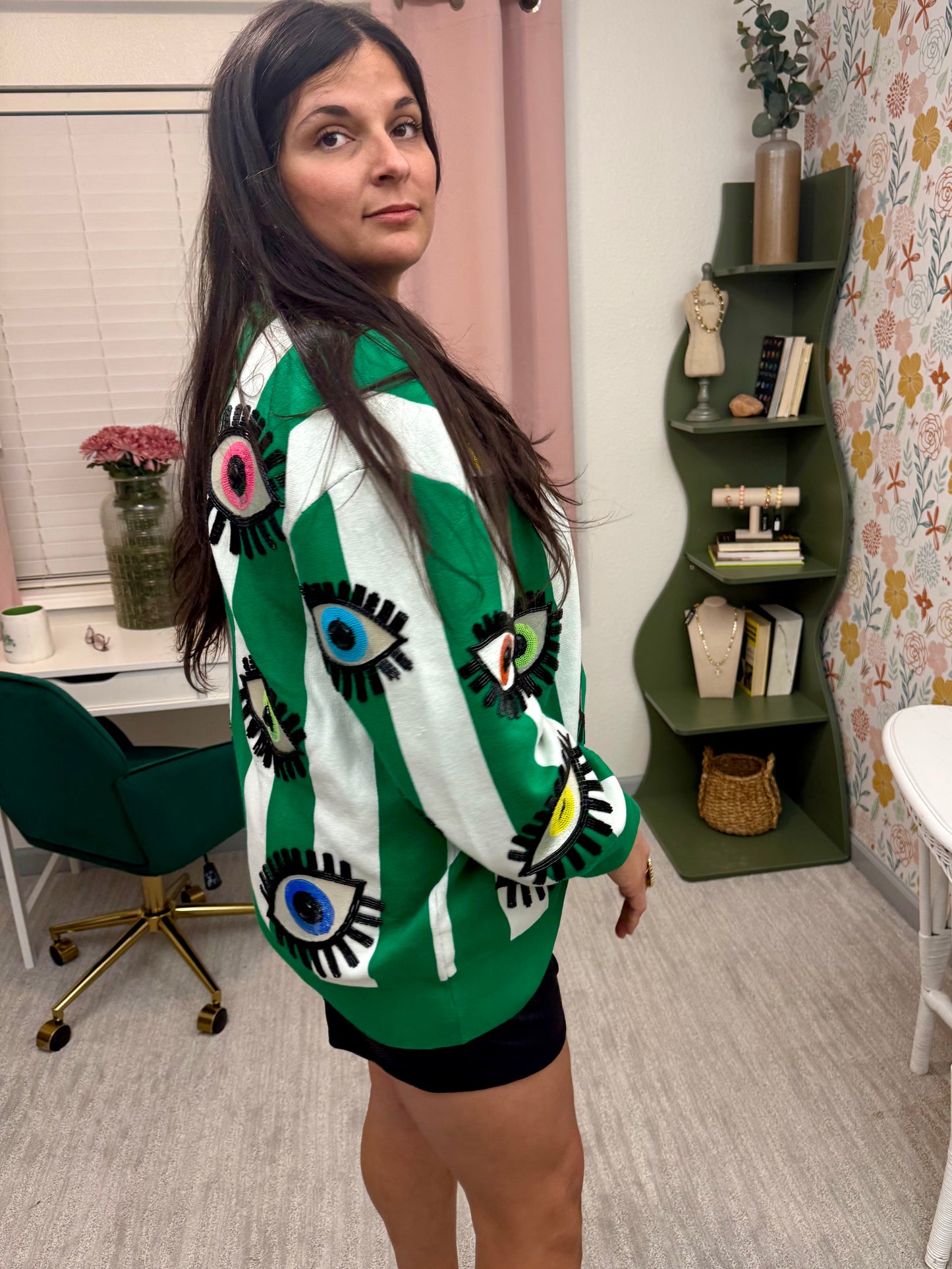 Queen of Sparkles Green & White Striped Multi Eye Sweater